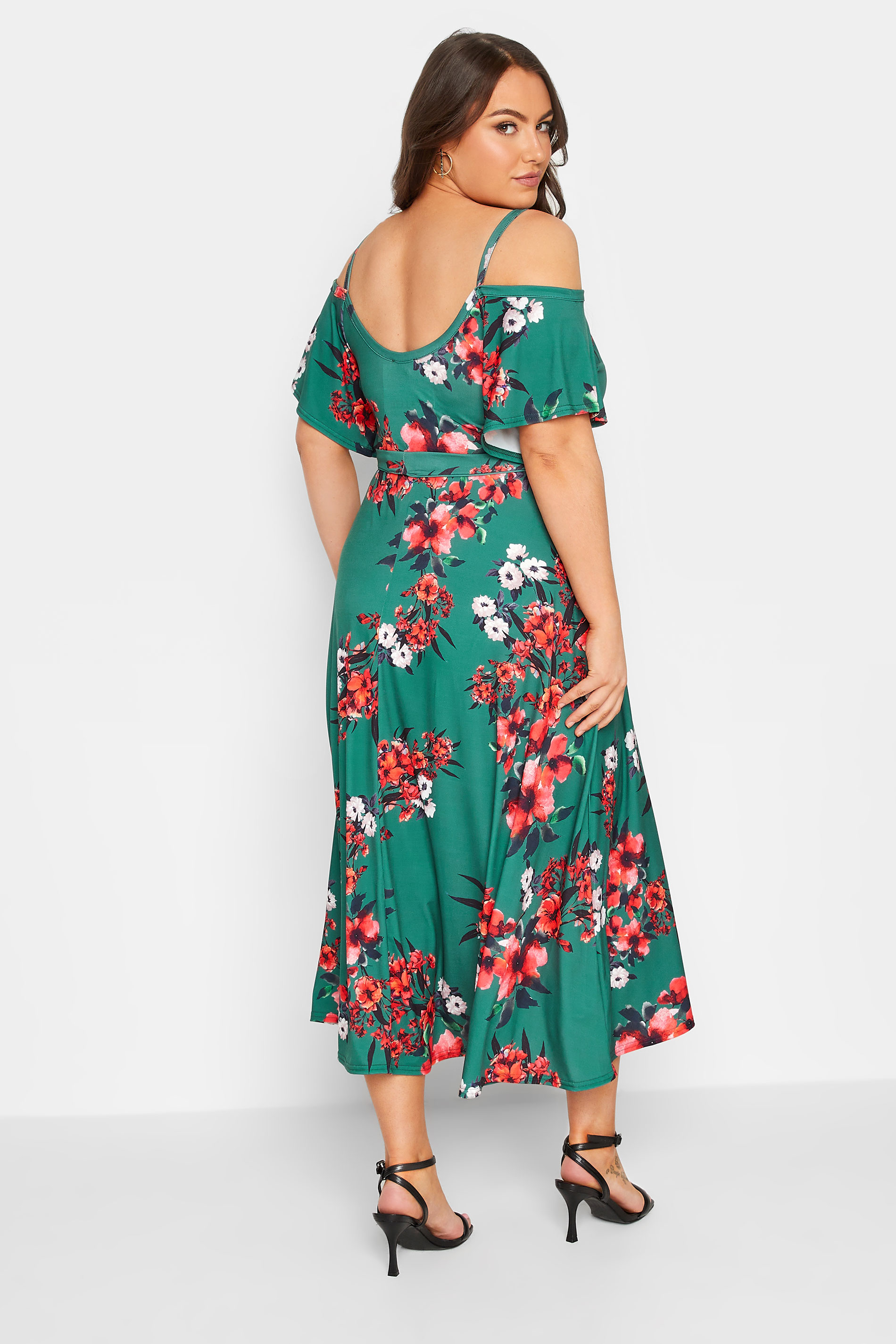 YOURS LONDON Plus Size Green Floral Cold Shoulder Wrap Dress | Yours Clothing 3