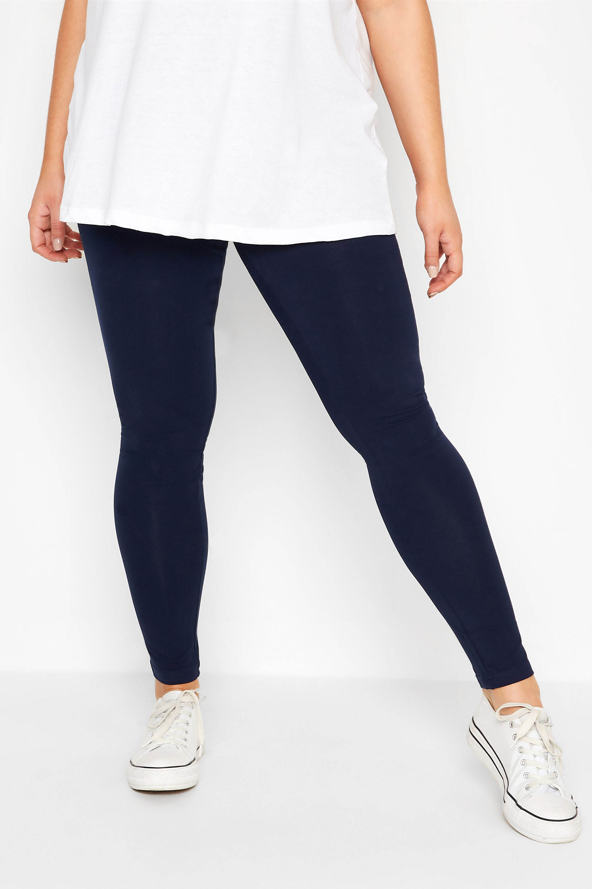 YOURS FOR GOOD Curve Navy Blue Cotton Essential Leggings_AR.jpg