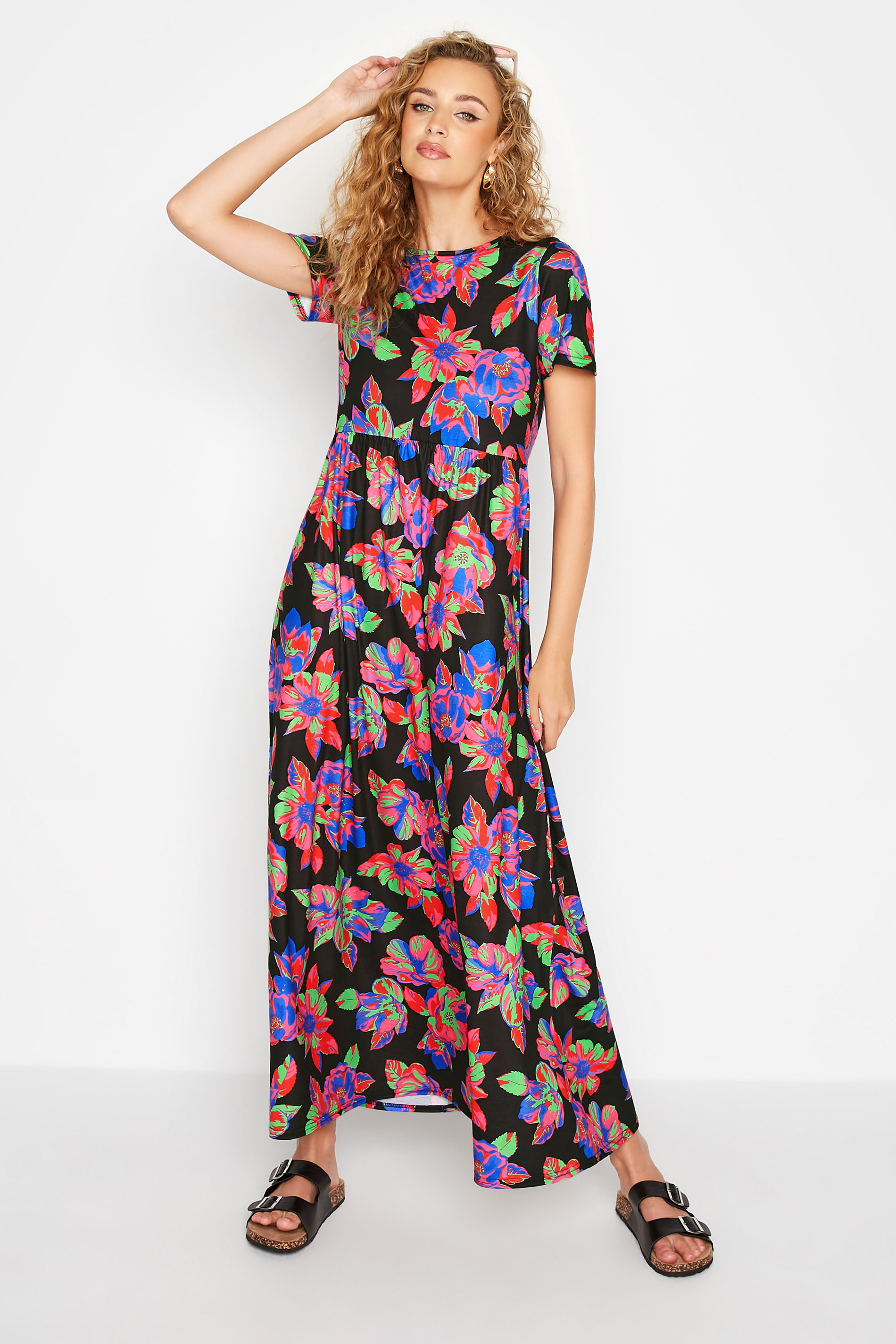 LTS Tall Black Floral Print Smock Maxi Dress 1