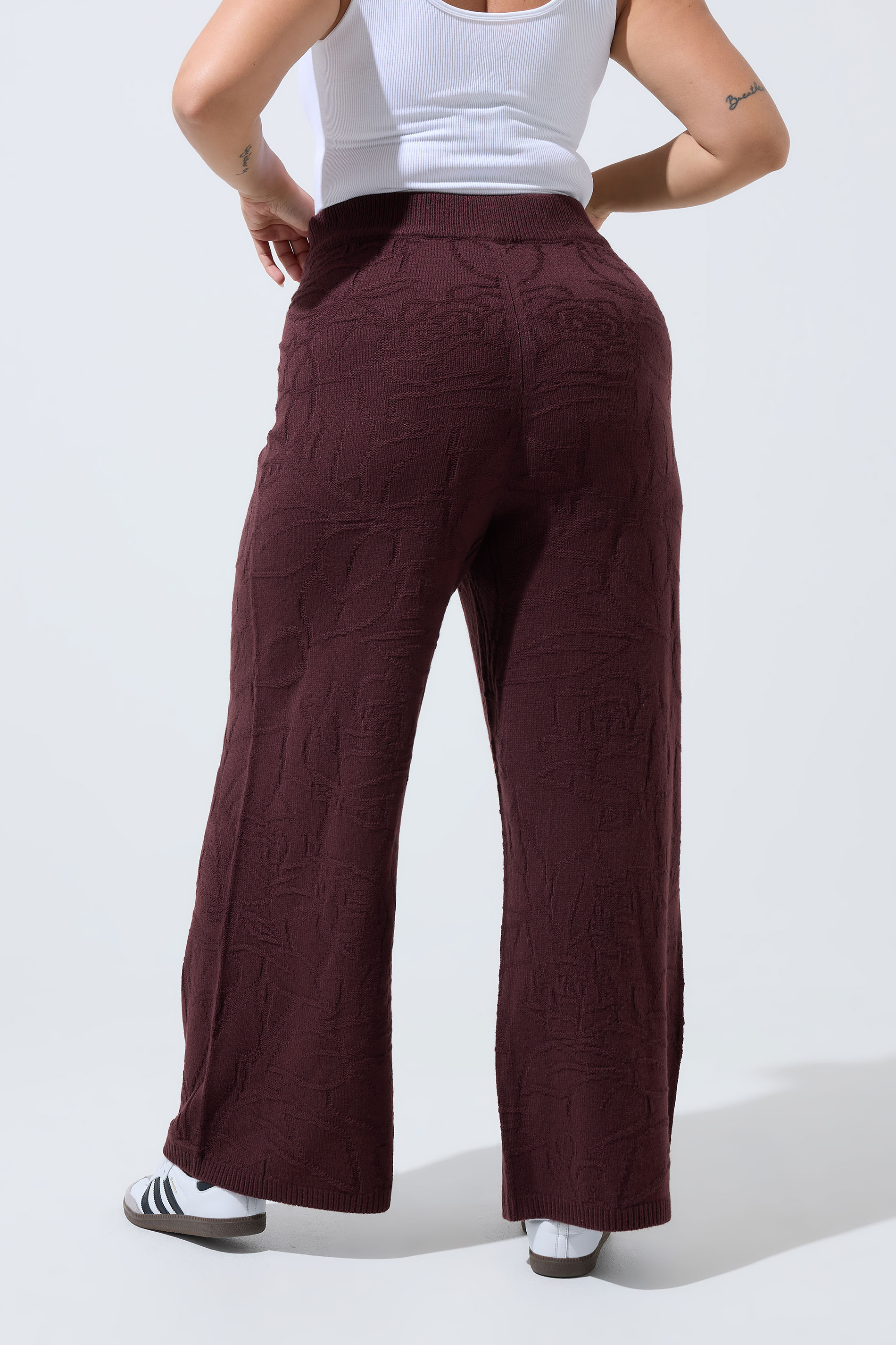 LIMITED COLLECTION Plus Size Chocolate Brown Rose Knitted Wide Leg Trousers | Yours Clothing 2