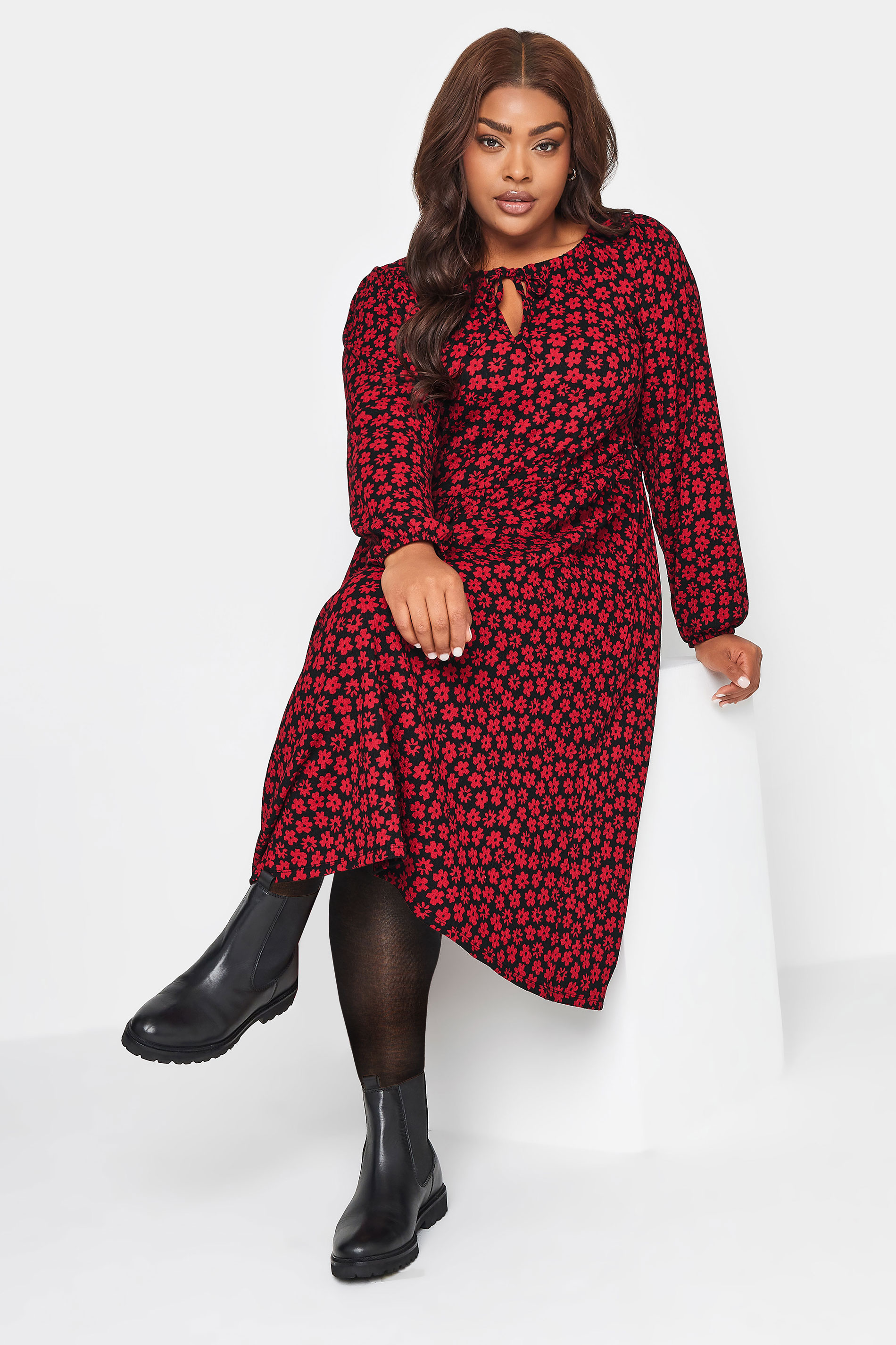 YOURS Plus Size Red Floral Print Textured Midaxi Dress | Yours Clothing 1