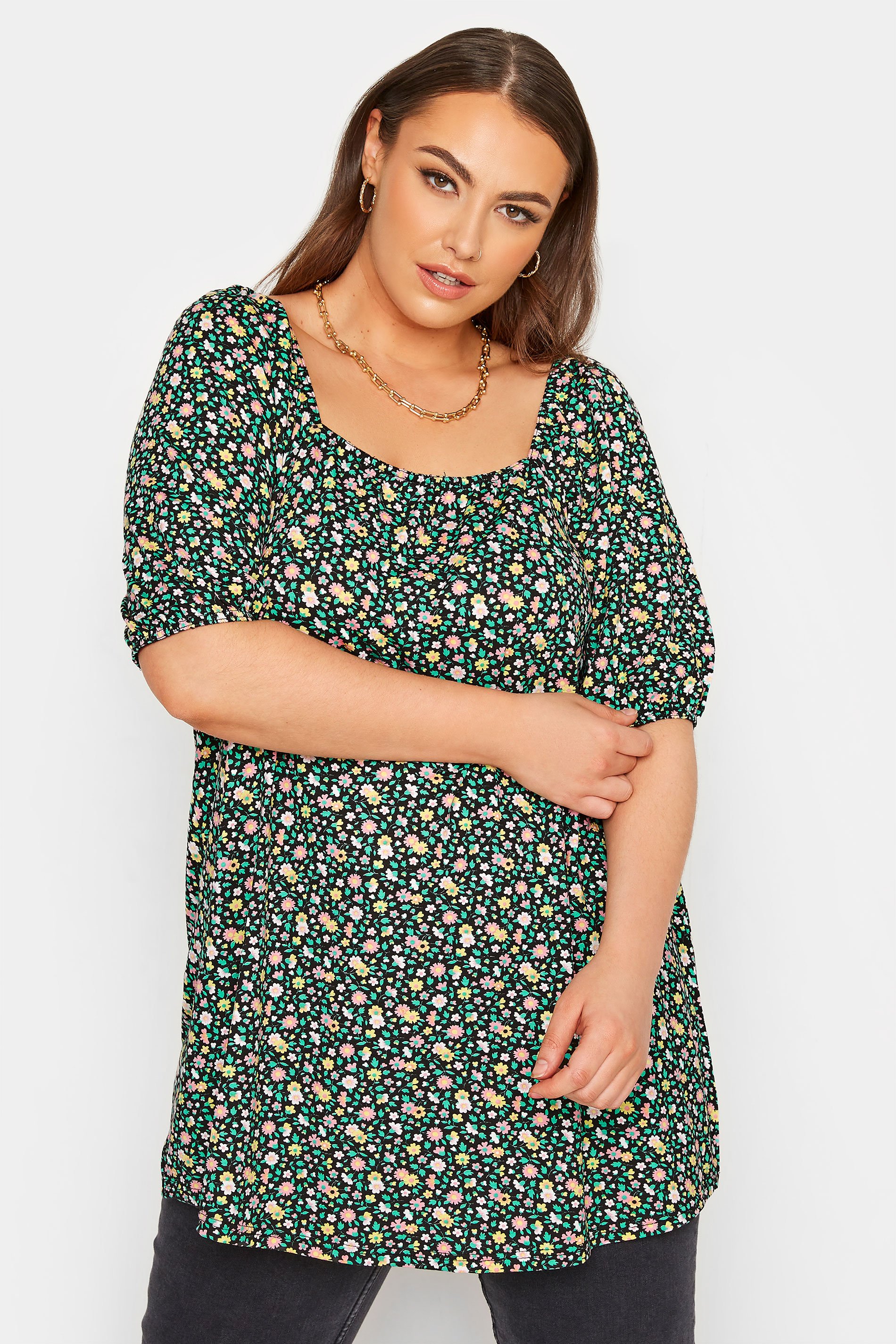 LIMITED COLLECTION Curve Green Ditsy Floral Top_A.jpg