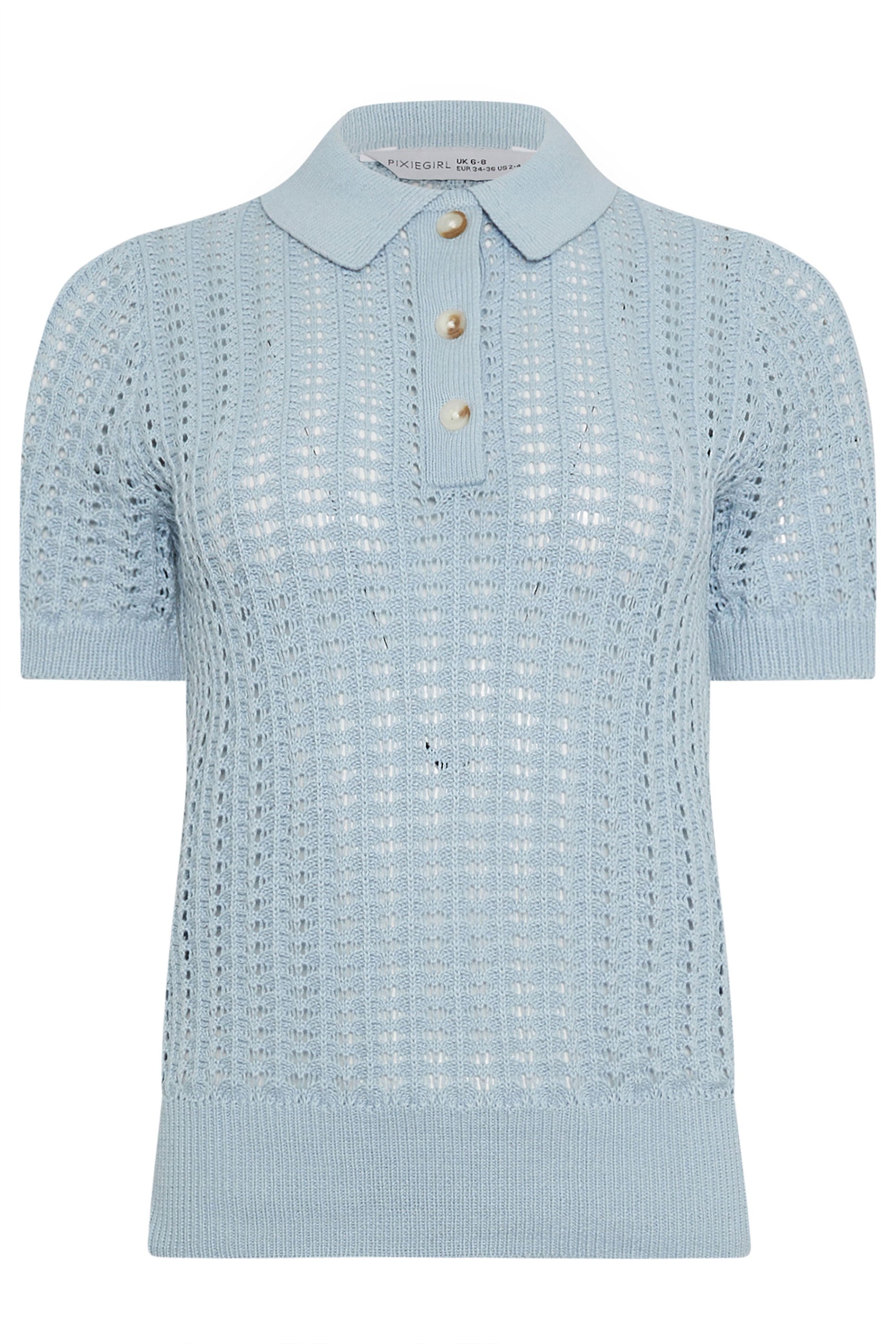 PixieGirl Petite Women's Light Blue Crochet Polo Top | PixieGirl 6