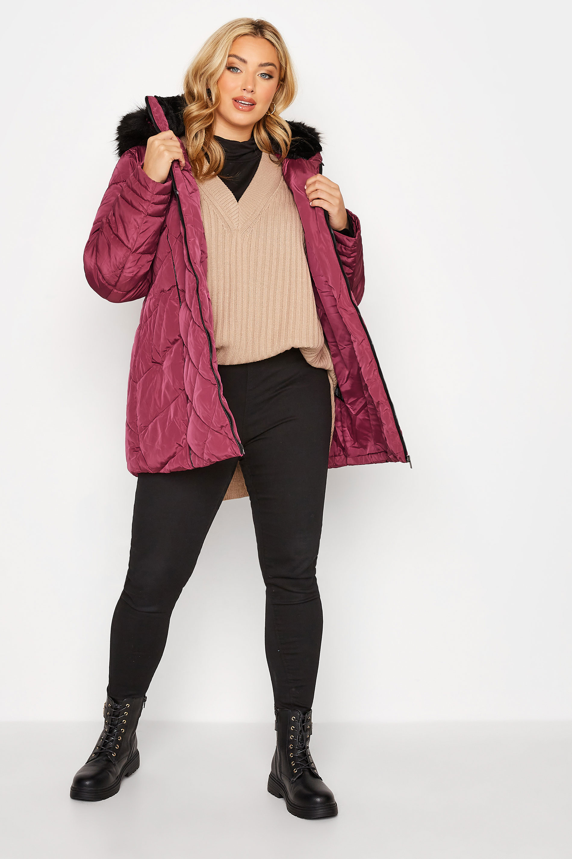 Plus Size Pink Panelled Puffer Jacket | Yours Clothing 2