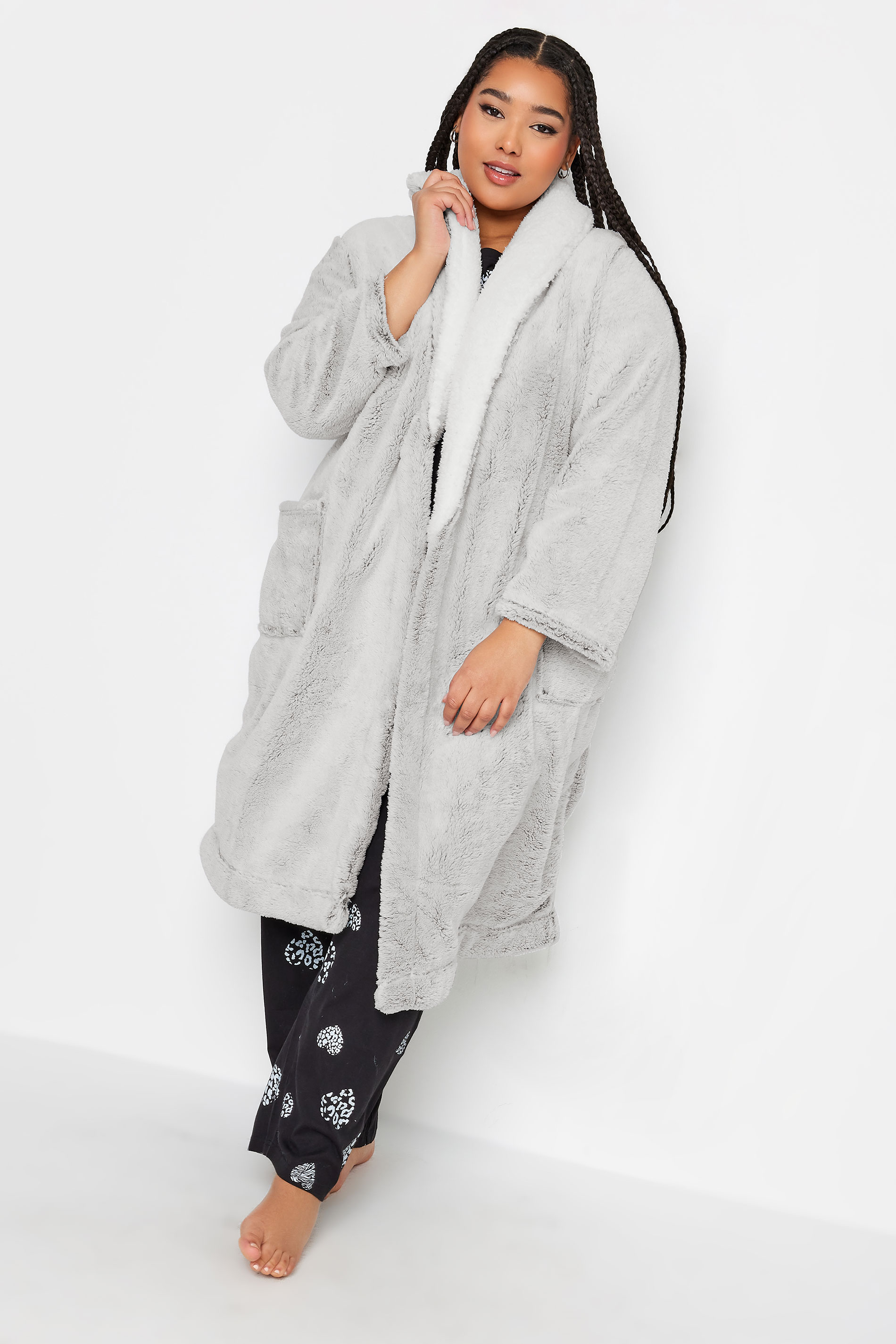 YOURS Plus Size Light Grey Soft Touch Fleece Dressing Gown | Yours Clothing 3