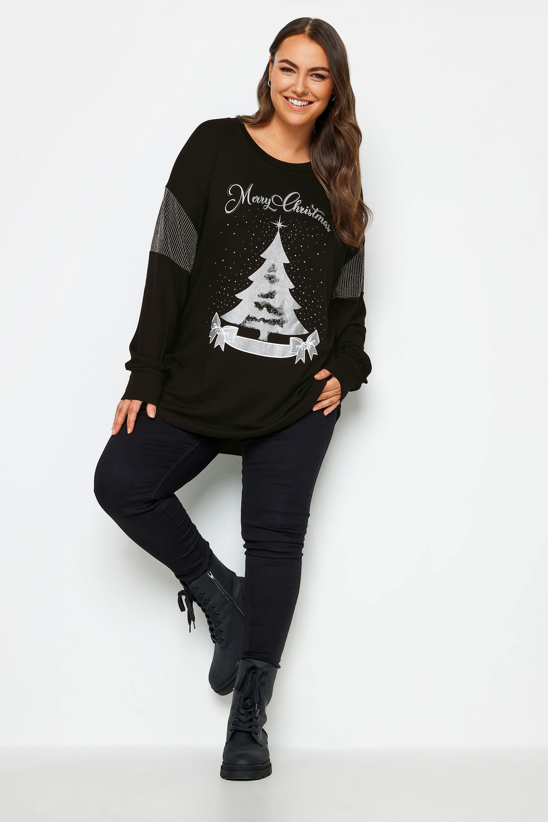 YOURS LUXURY Plus Size Black & Silver 'Merry Christmas' Soft Touch Sweatshirt | Yours Clothing 2