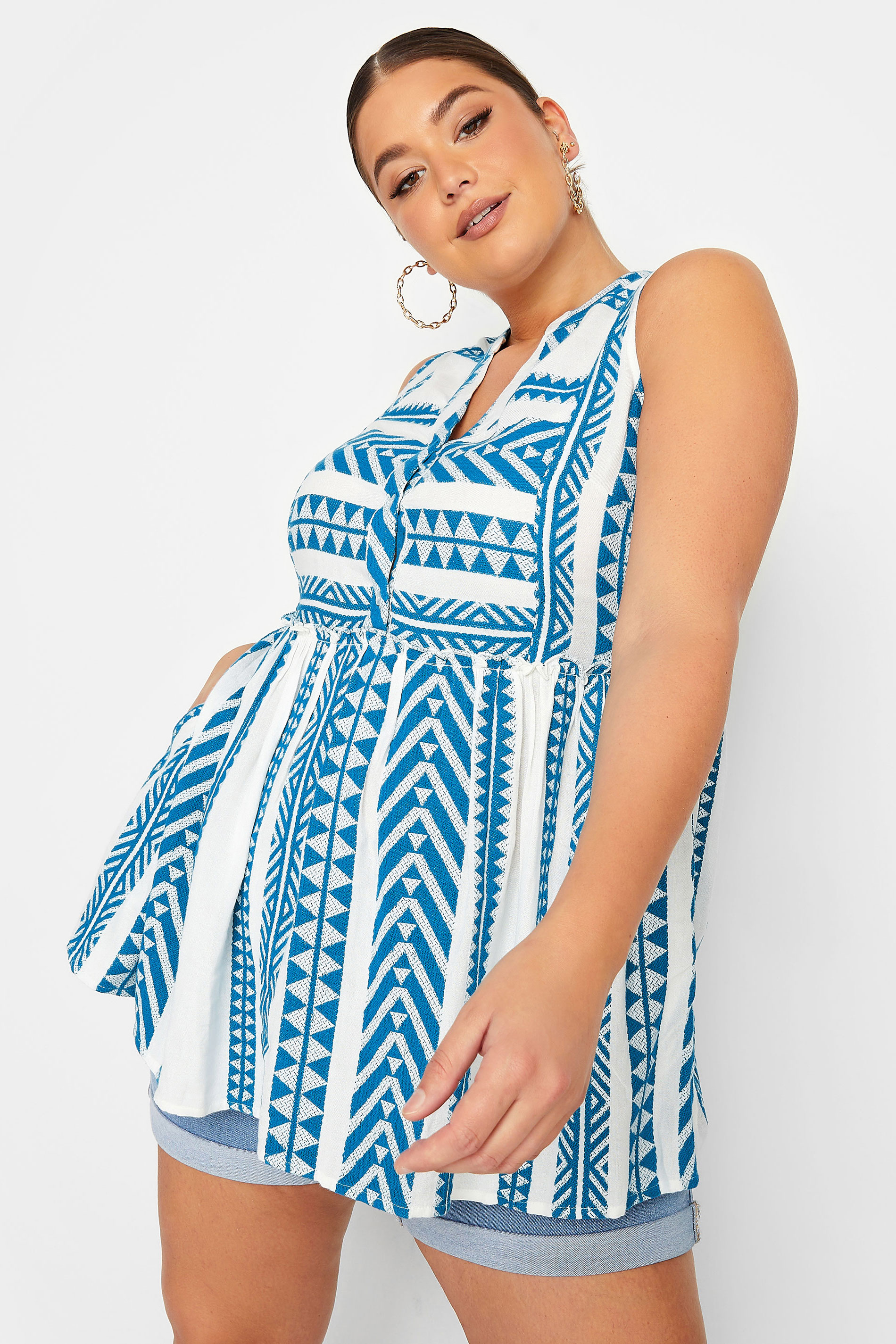 LIMITED COLLECTION Plus Size Blue Aztec Print Peplum Top | Yours Clothing 2