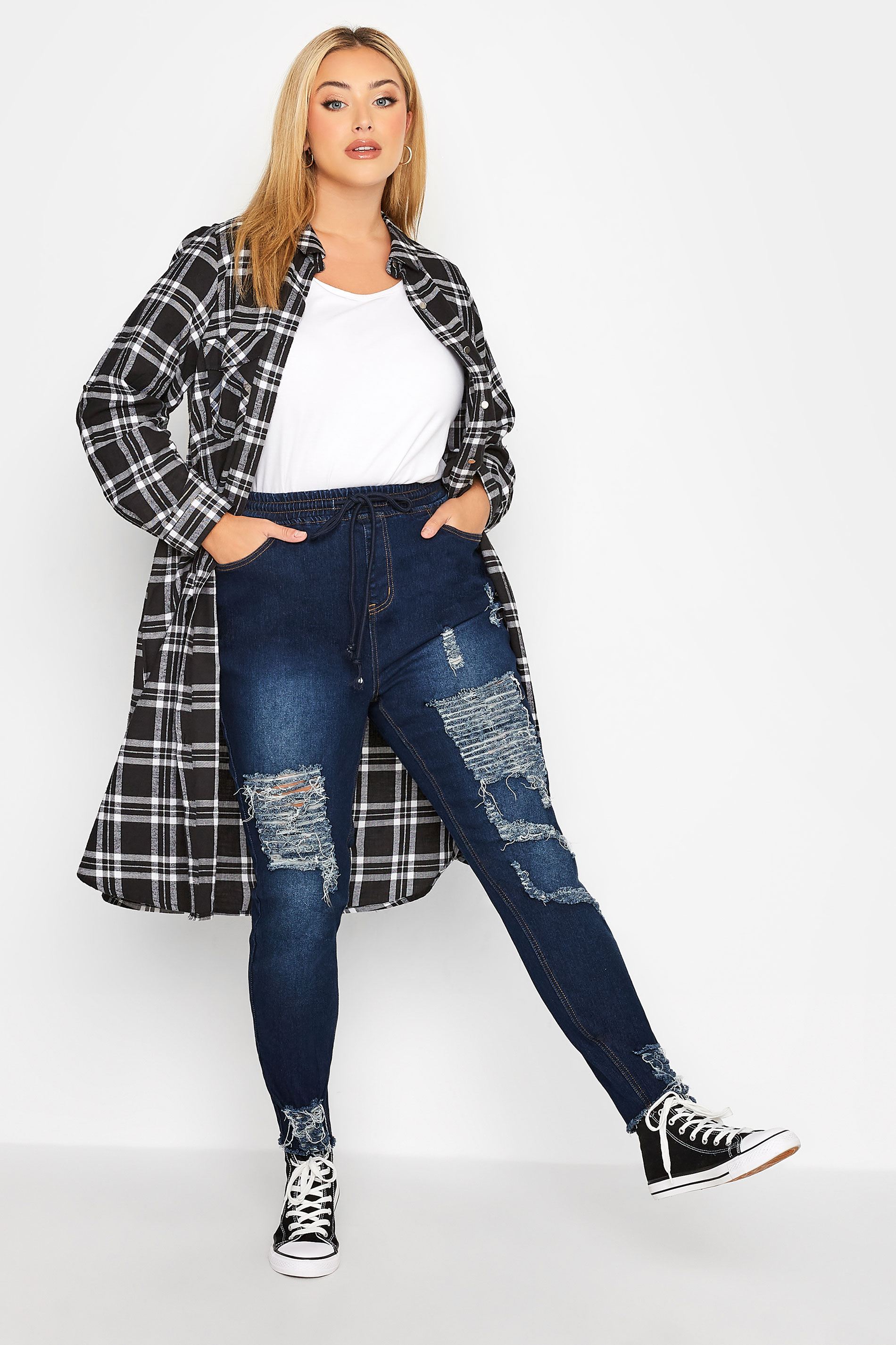 Plus Size Blue Elasticated Waist Ripped Skinny AVA Jeans | Yours Clothing  2
