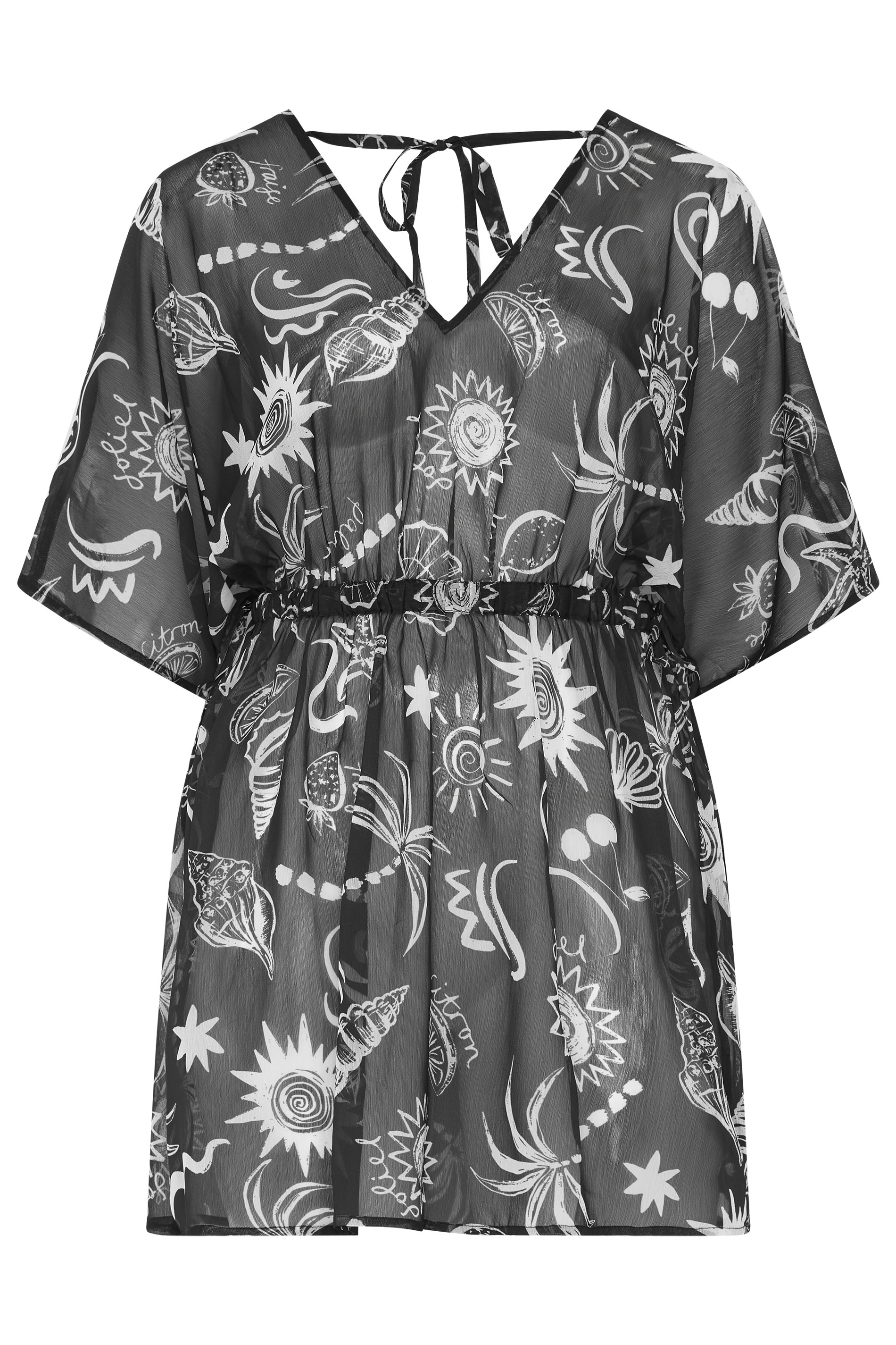 YOURS Plus Size Black Beach Print Mesh Flower Print Beach Kaftan | Yours Clothing 5