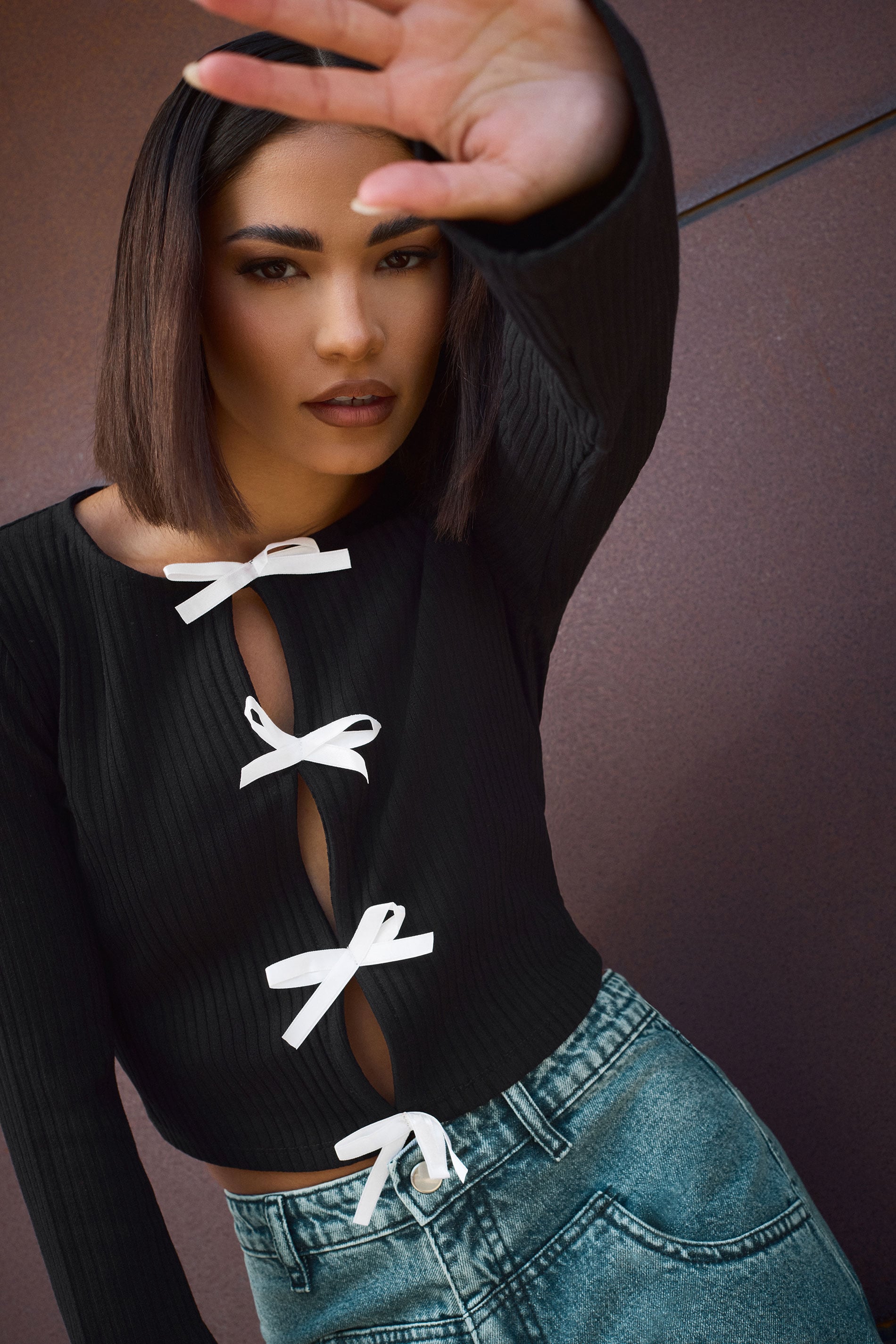 PixieGirl Petite Women's Black Ribbed Bow Detail Long Sleeve Top | PixieGirl 3