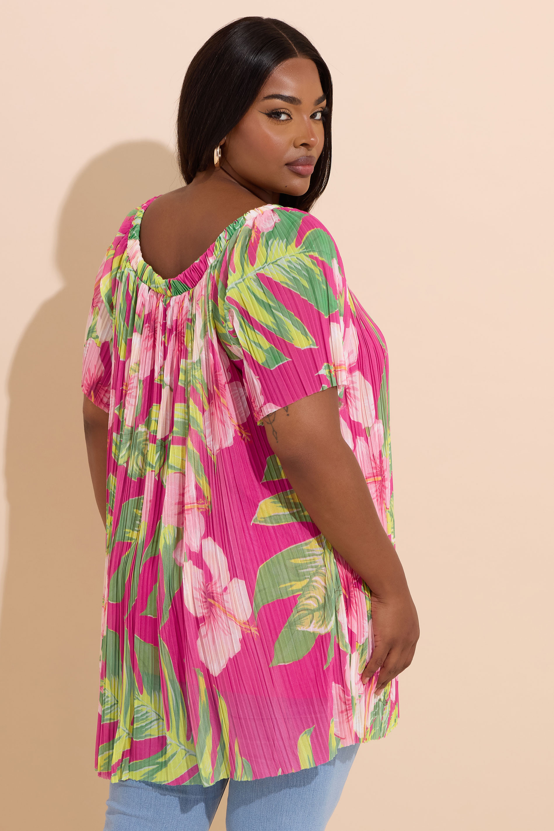 YOURS Plus Size Pink Floral Pleated Mesh Top | Yours Clothing 4