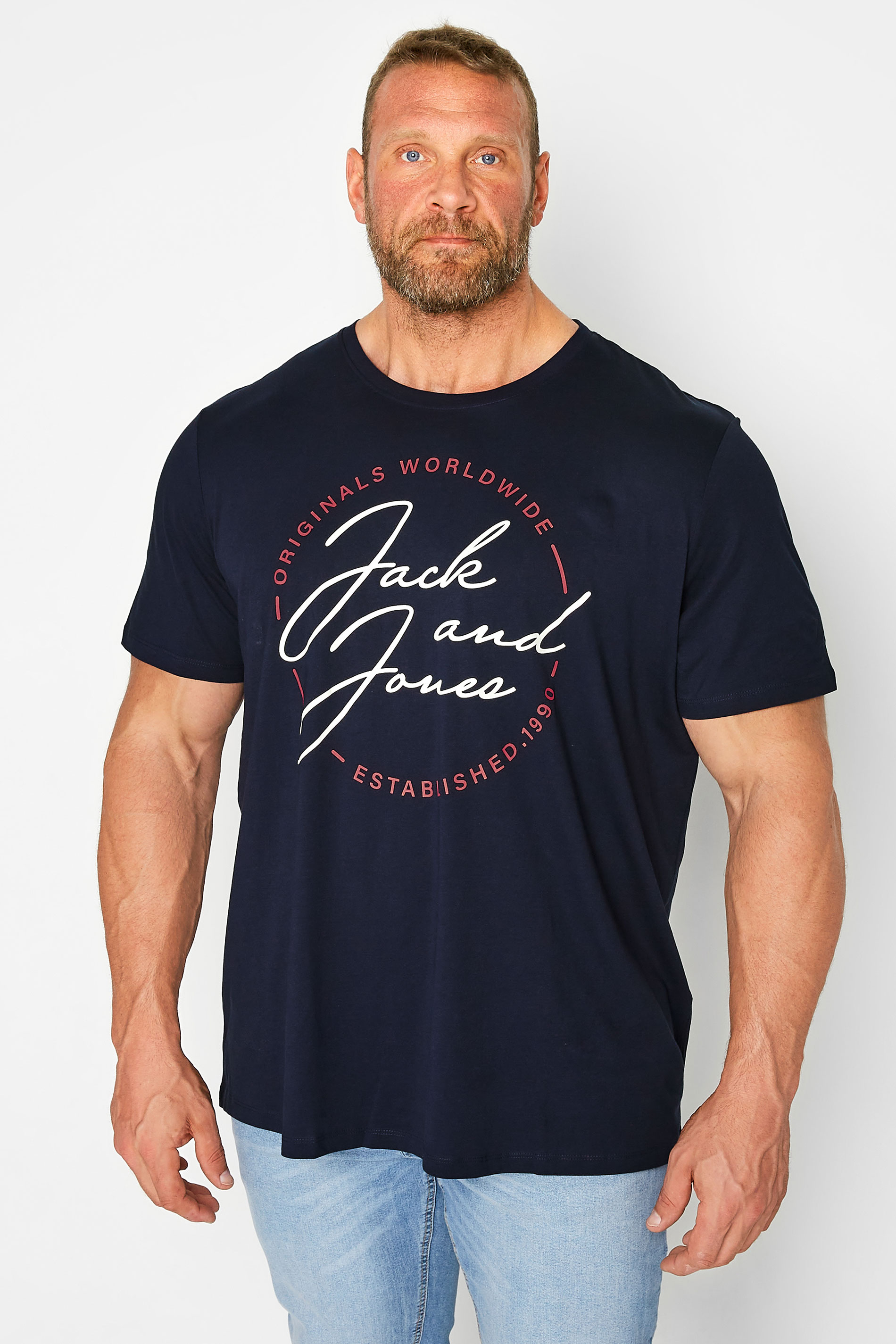 JACK & JONES Big & Tall Navy Blue Printed Logo Crew Neck T-Shirt 1