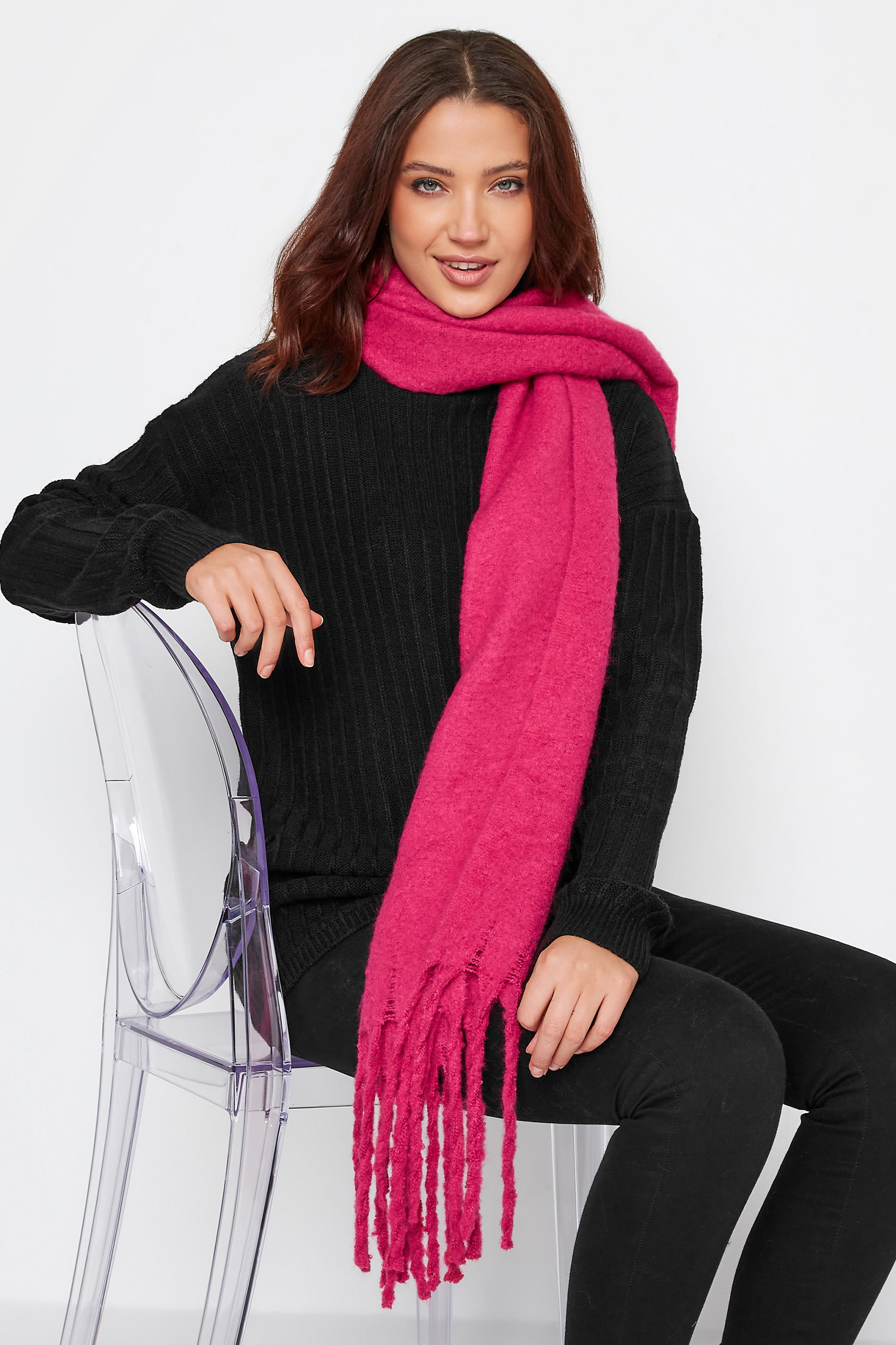 Hot Pink Super Soft Chunky Tassel Scarf | Yours Clothing 1
