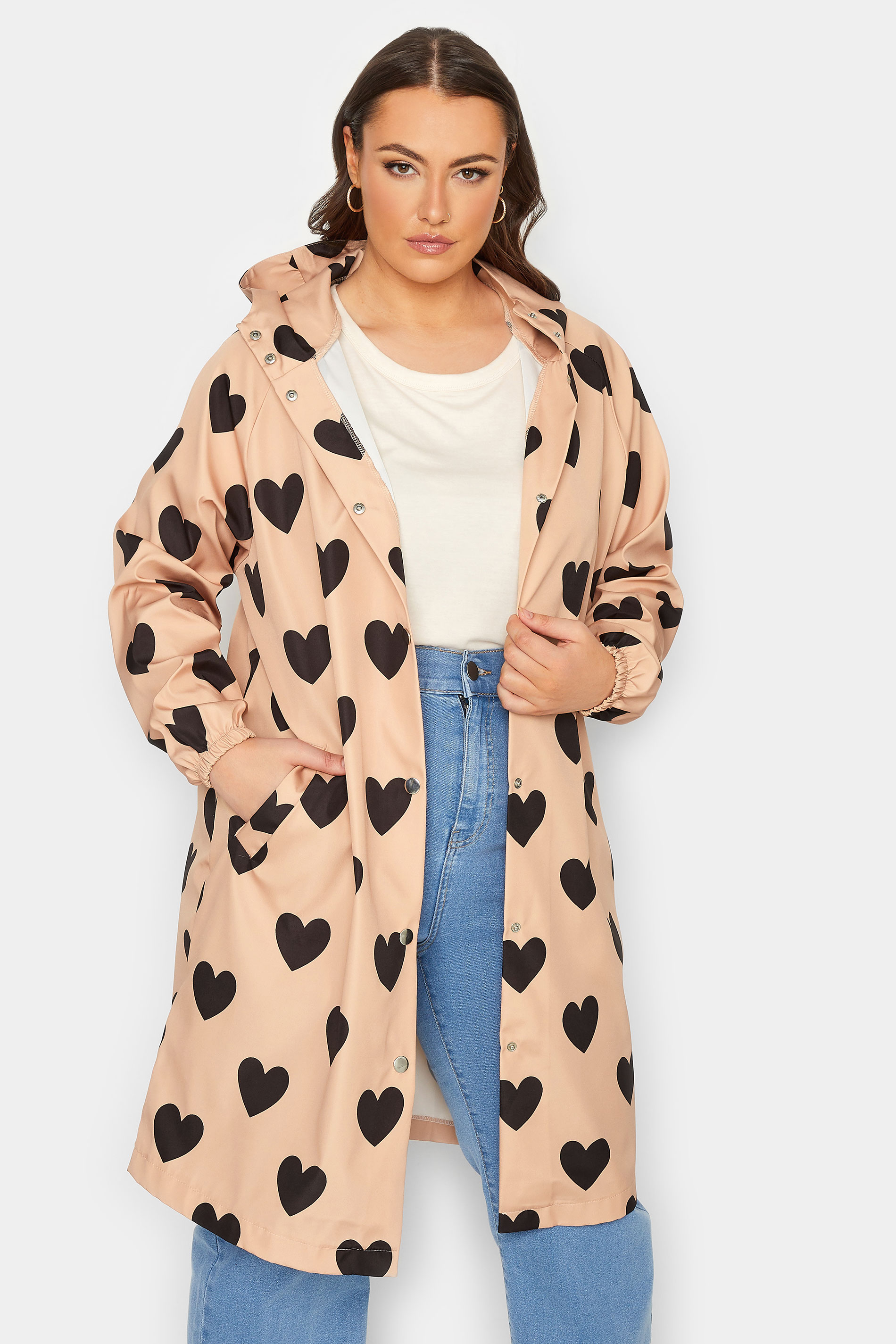 YOURS LUXURY Plus Size Pink Heart Print Longline Raincoat | Yours Clothing 1