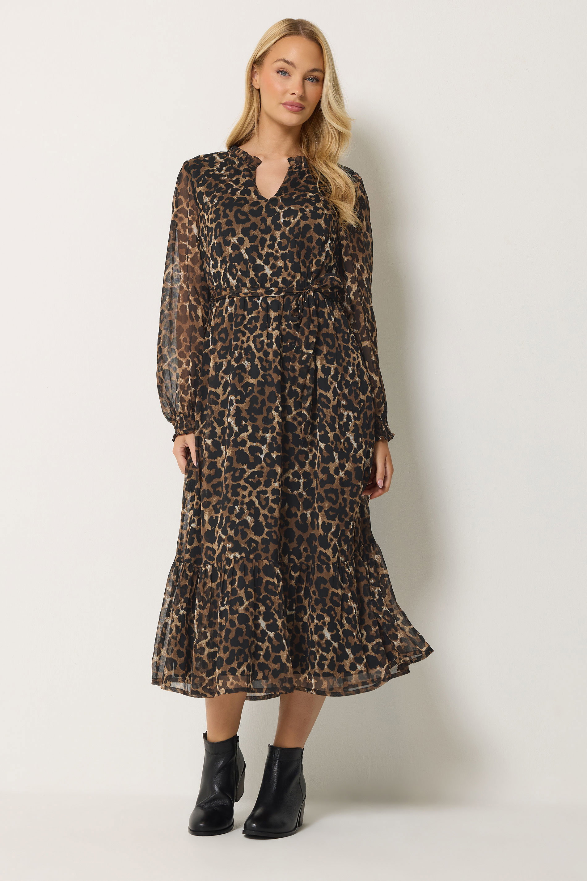 M&Co Brown Animal Print Long Sleeve Ruffle Trim Dress | M&Co 1