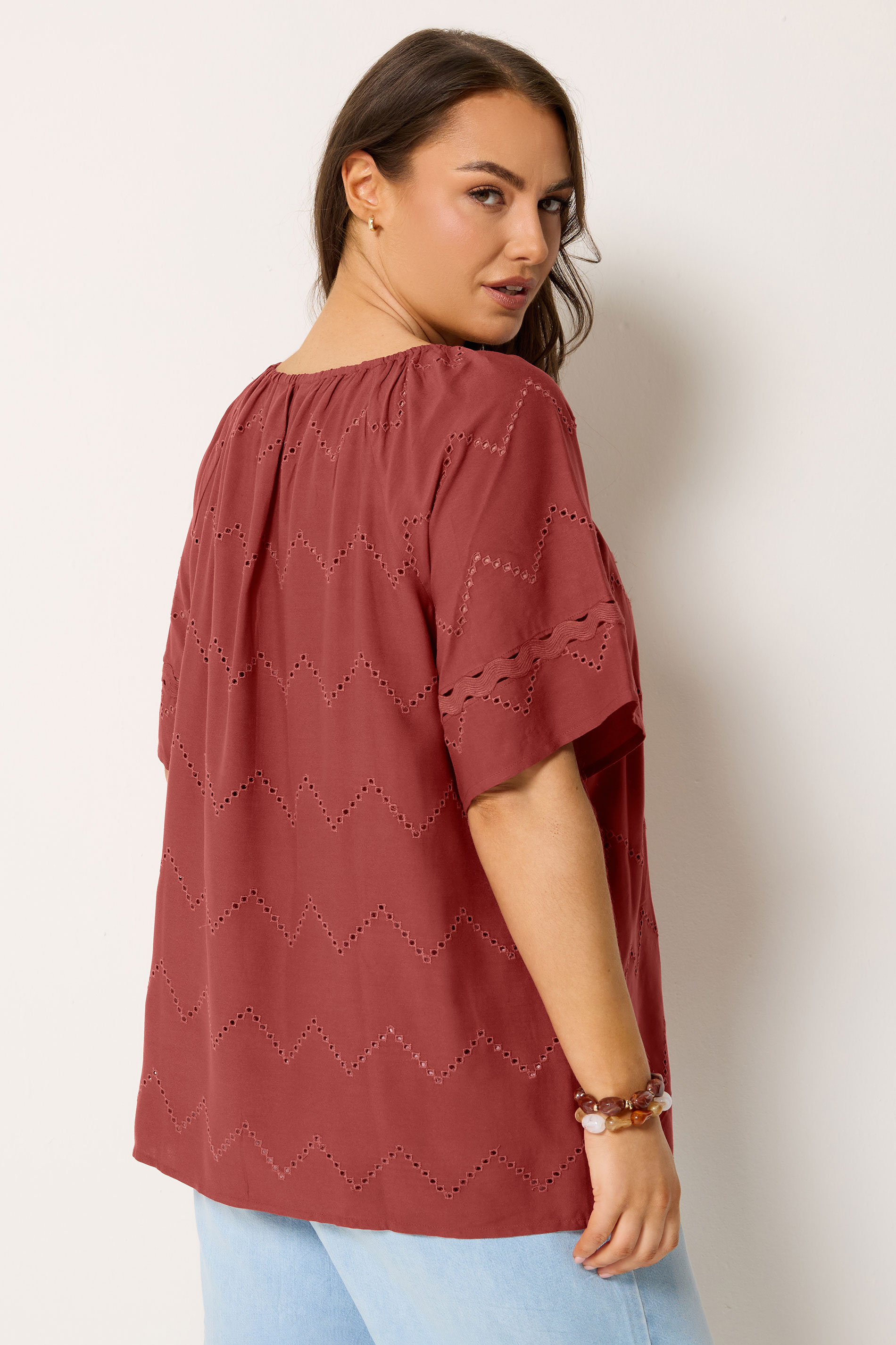 YOURS Plus Size Red Broderie Anglaise Scallop Blouse | Yours Clothing 2