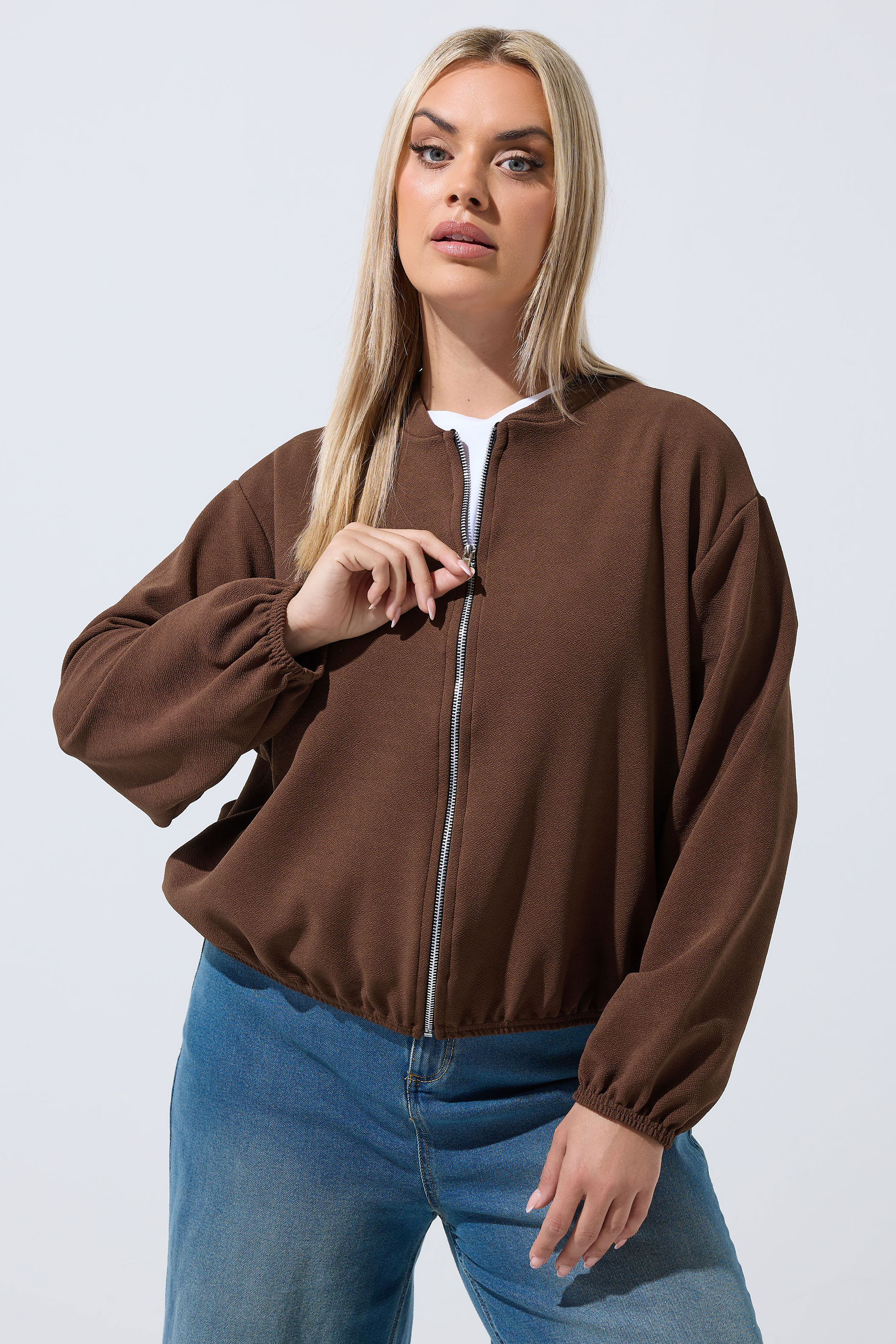 LIMITED COLLECTION Plus Size Chocolate Brown Zip Bomber Jacket | Yours Clothing 1