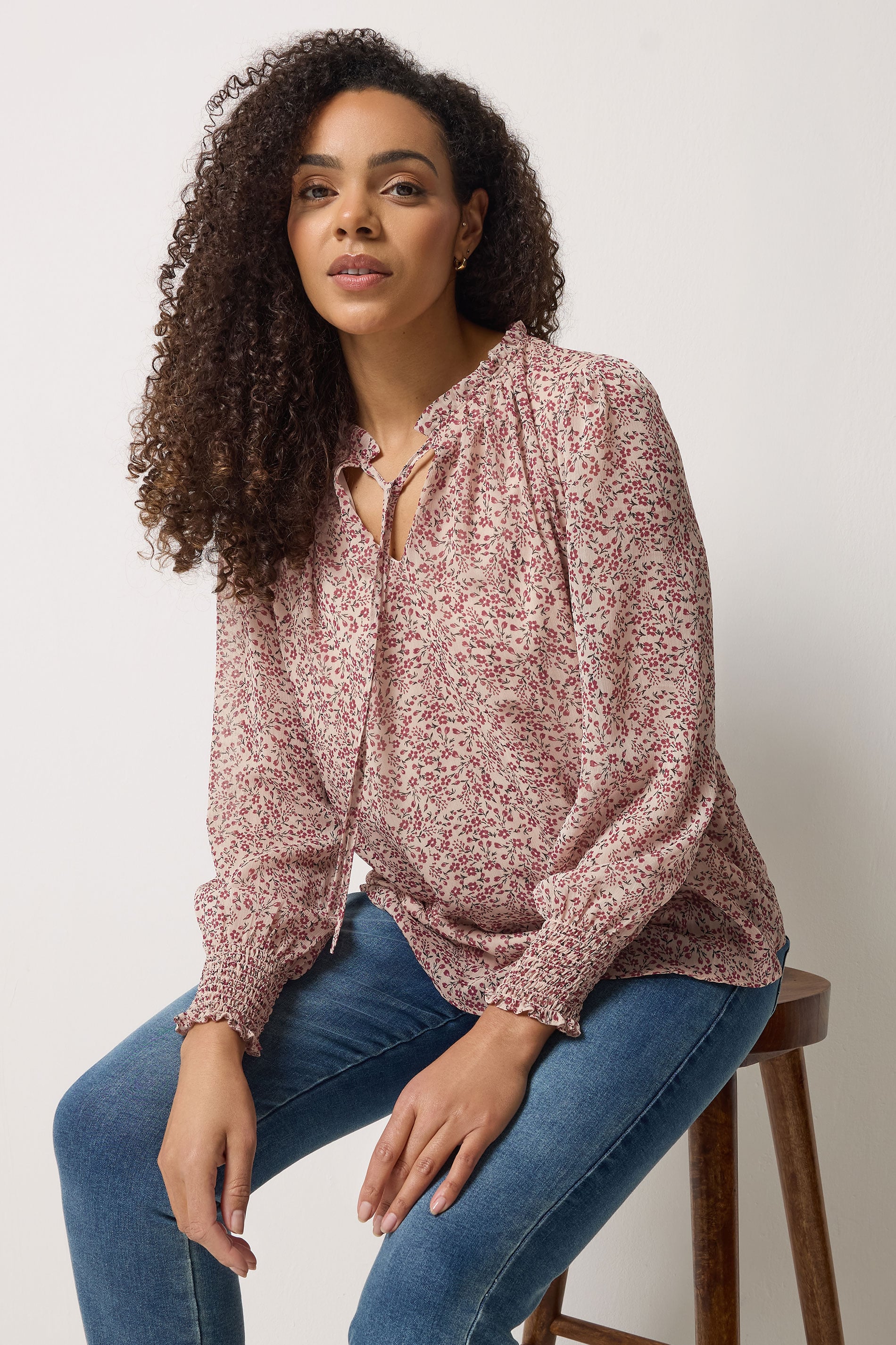 M&Co Cream & Red Floral Print Tie Neck Blouse | M&Co 3