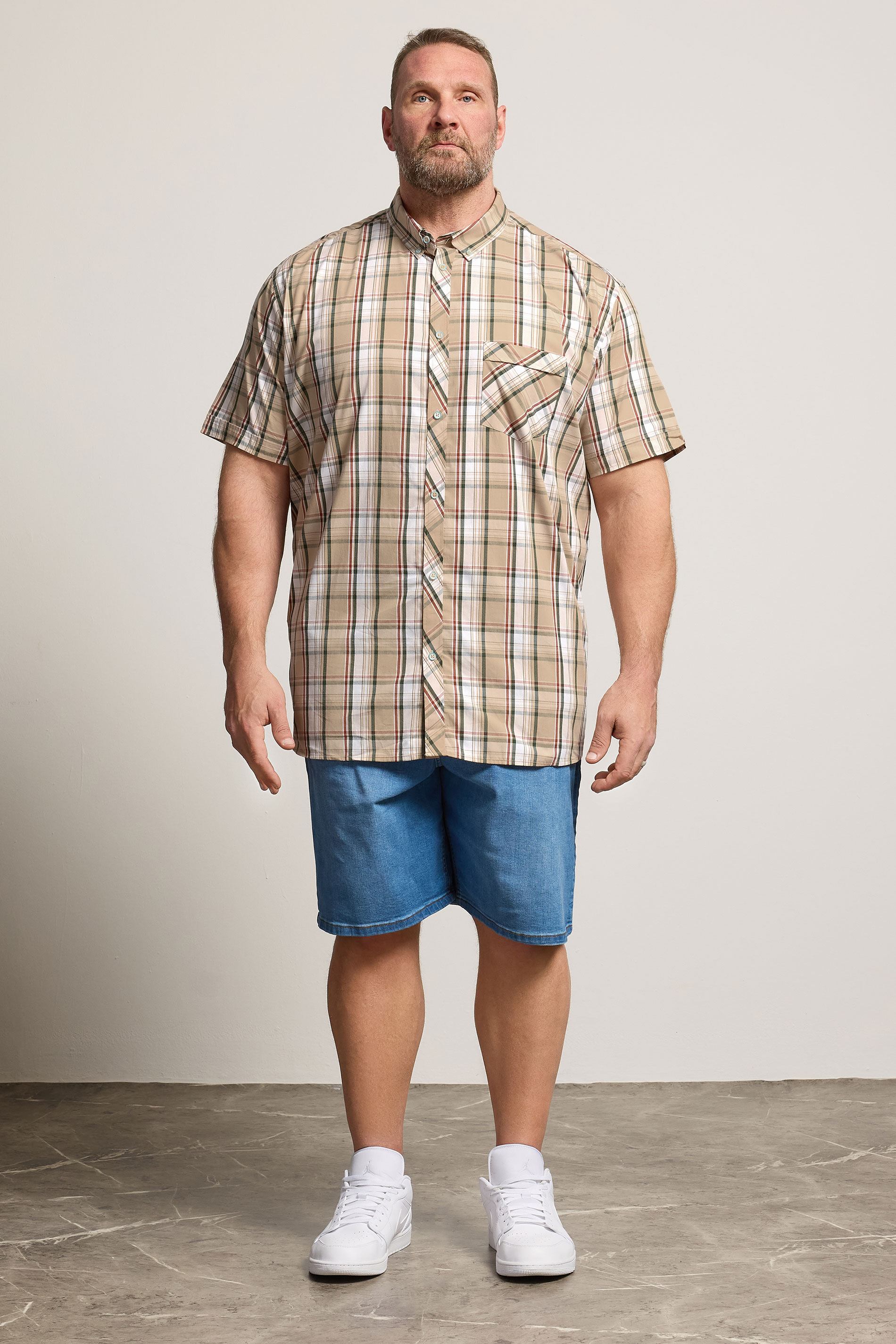 KAM Big & Tall Stone Brown Check Short Sleeve Shirt | BadRhino 1