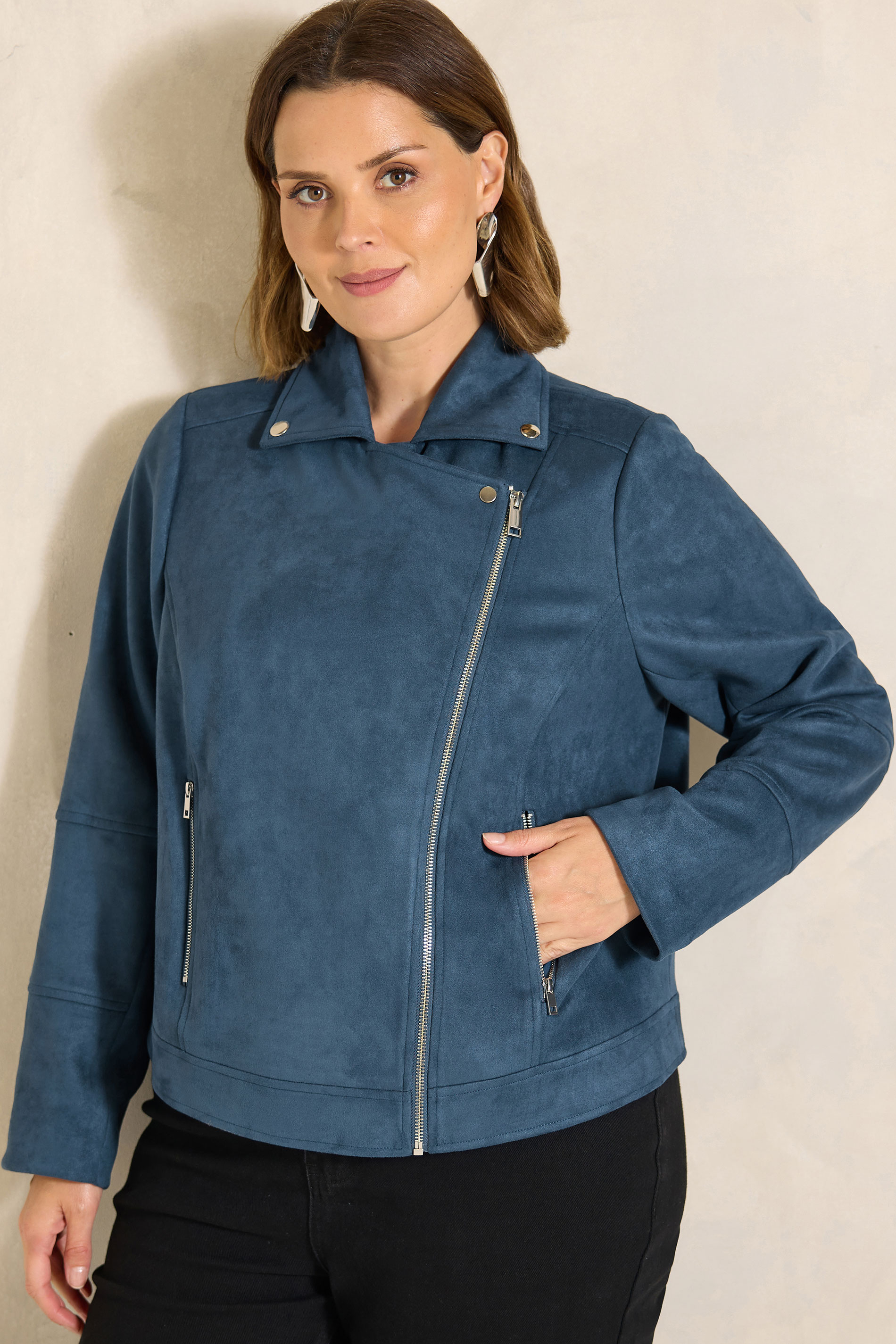 EVANS Plus Size Navy Blue Suedette Biker Jacket | Evans 3