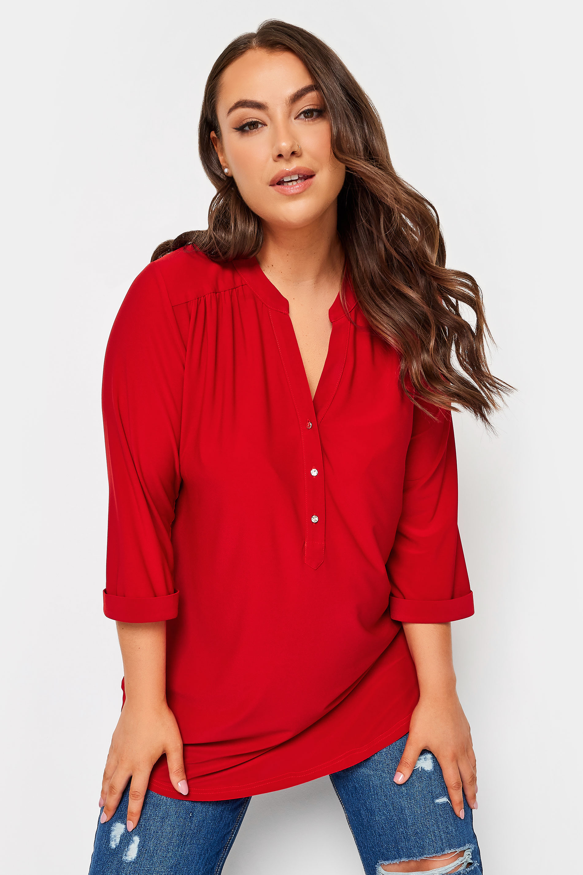 YOURS Curve Plus Size Red Half Placket Shirt | Yours Clothing  1