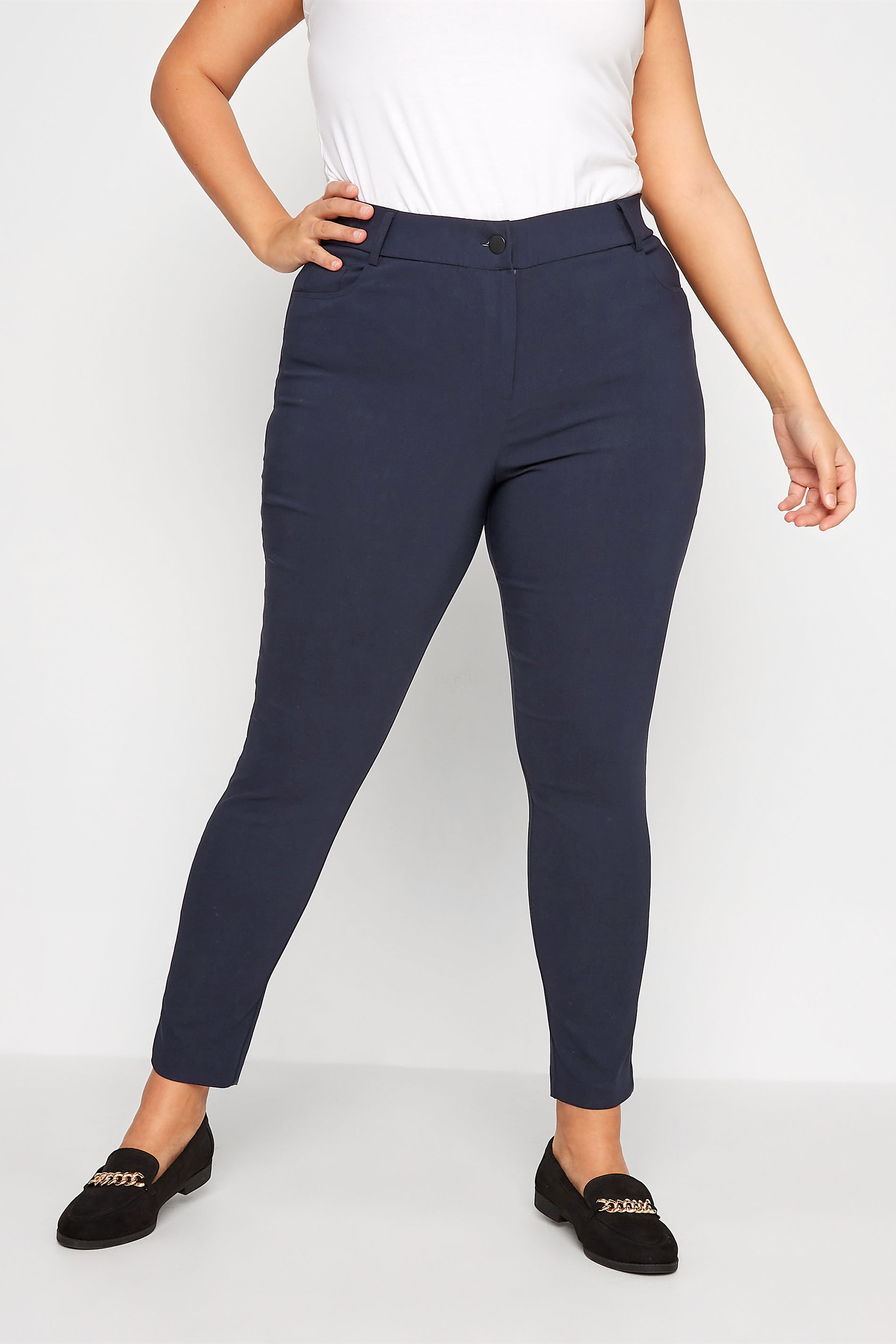 Curve Plus Size Navy Blue Bengaline Pull On Stretch Trousers - Petite | Yours Clothing 1