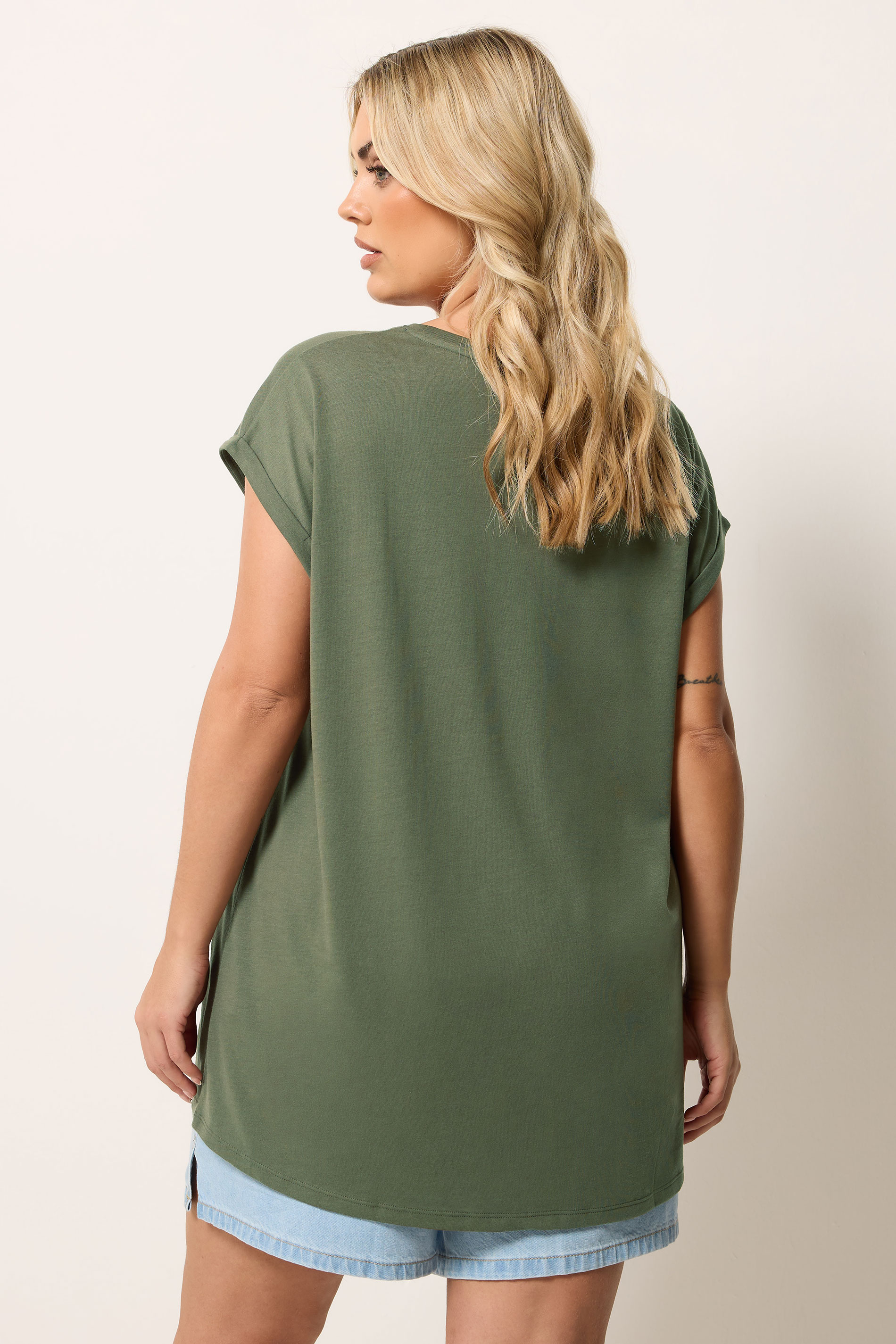 YOURS Plus Size Khaki Green V-Neck Basic T-Shirt | Yours Clothing 2