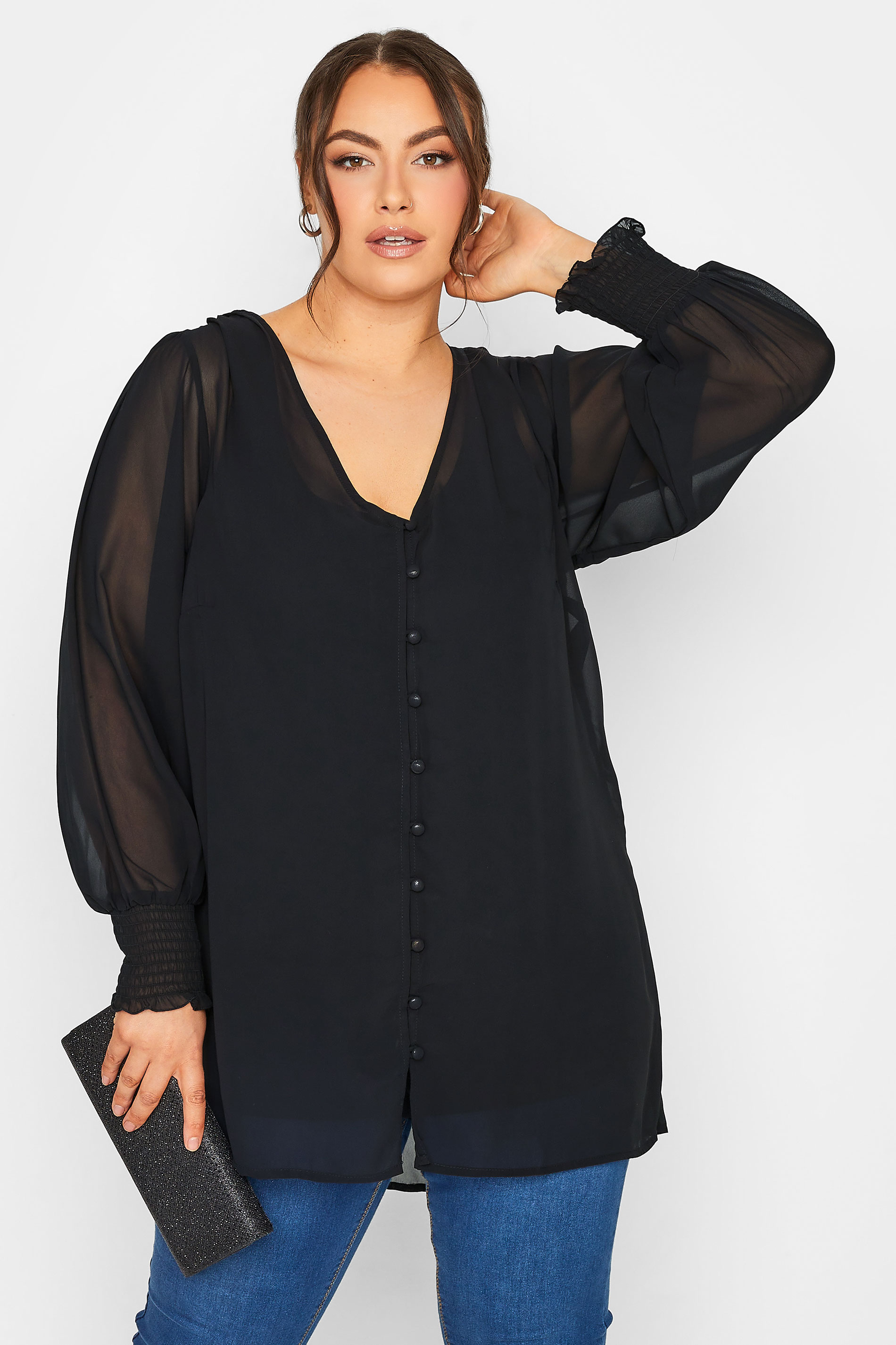 Plus Size YOURS LONDON Black Balloon Sleeve Shirt | Yours Clothing 1