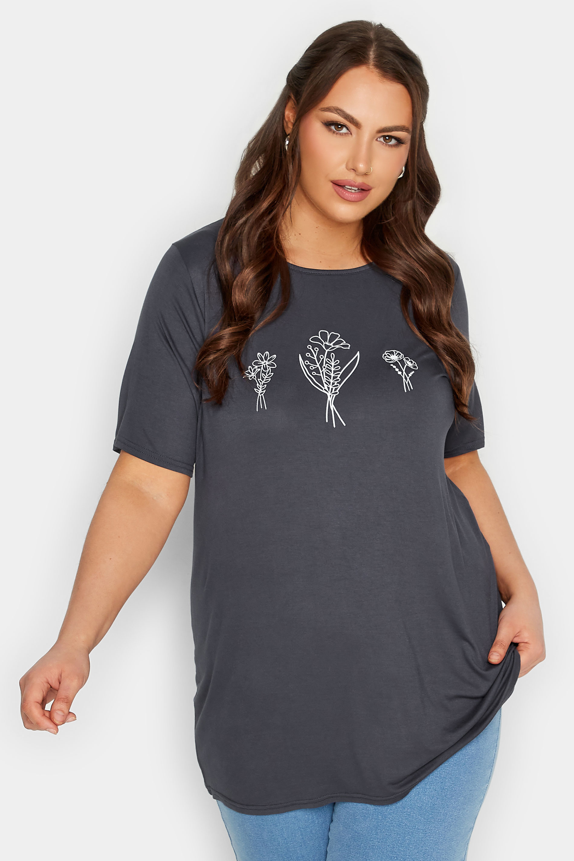 LIMITED COLLECTION Plus Size Grey Floral Illustration Print T-Shirt | Yours Clothing 1