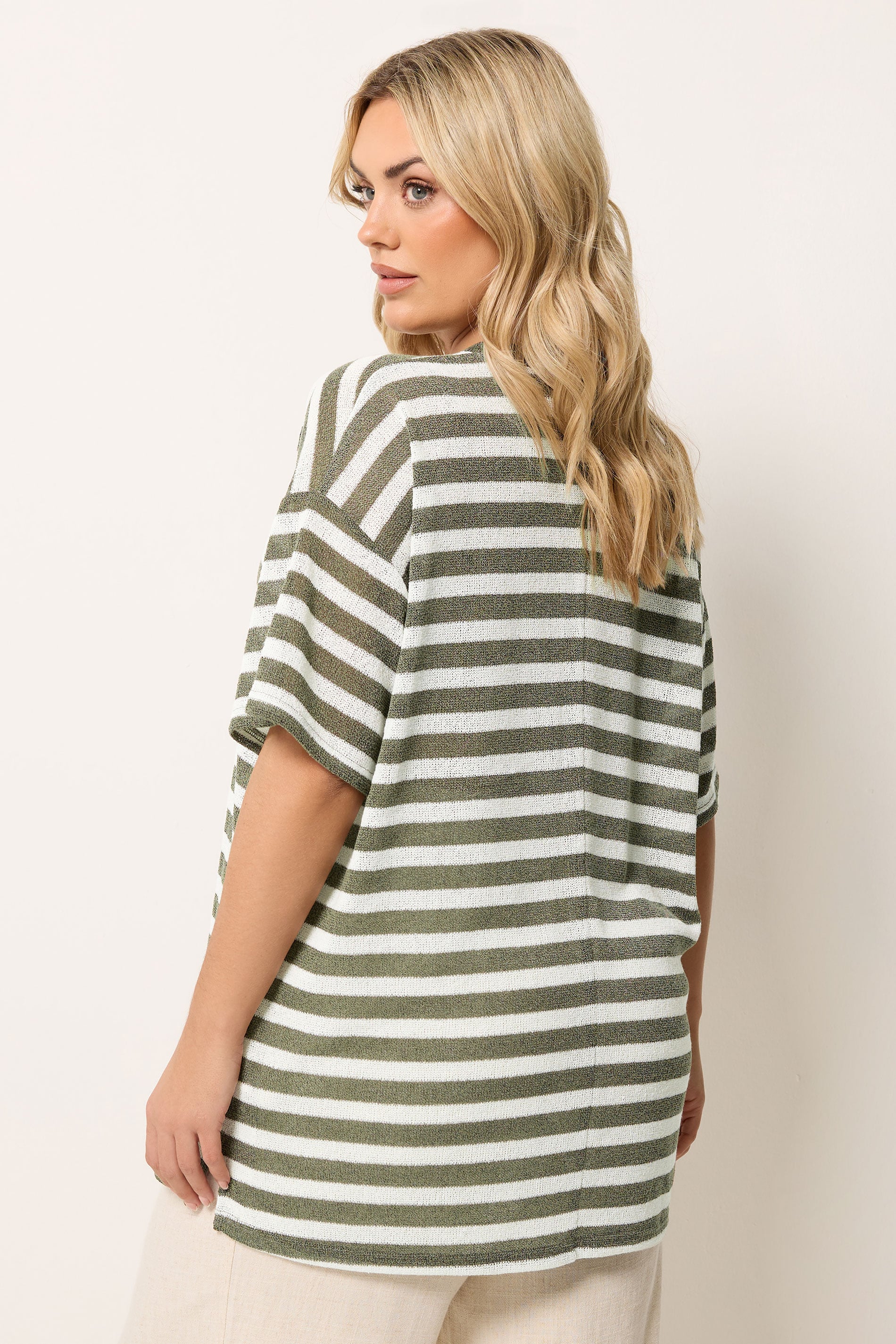 YOURS Plus Size Khaki Green & Ivory White Stripe Knitted T-Shirt | Yours Clothing 2