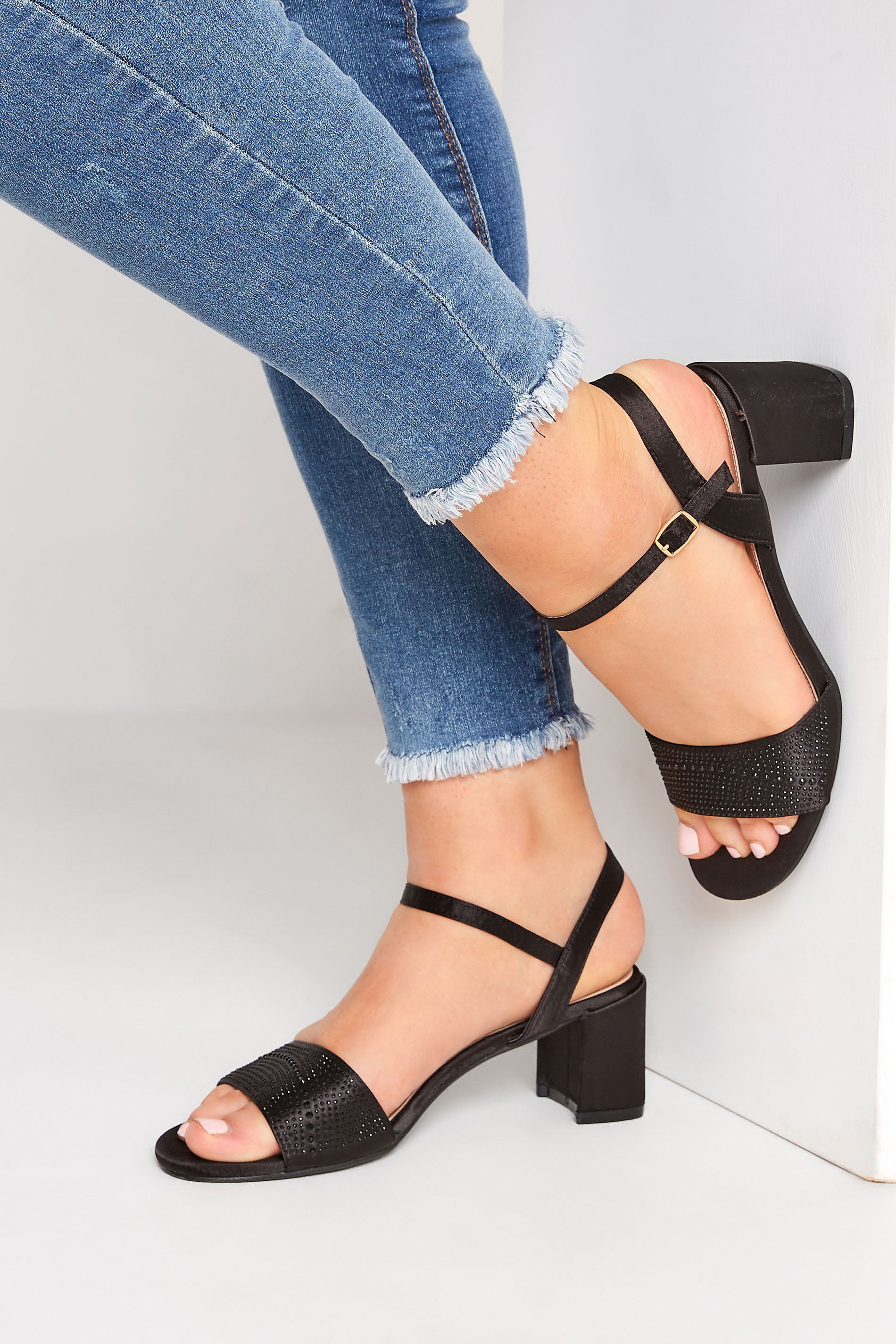 LIMITED COLLECTION Black Satin Embellished Block Heel Sandals in Wide E Fit | Yours Clothing 1