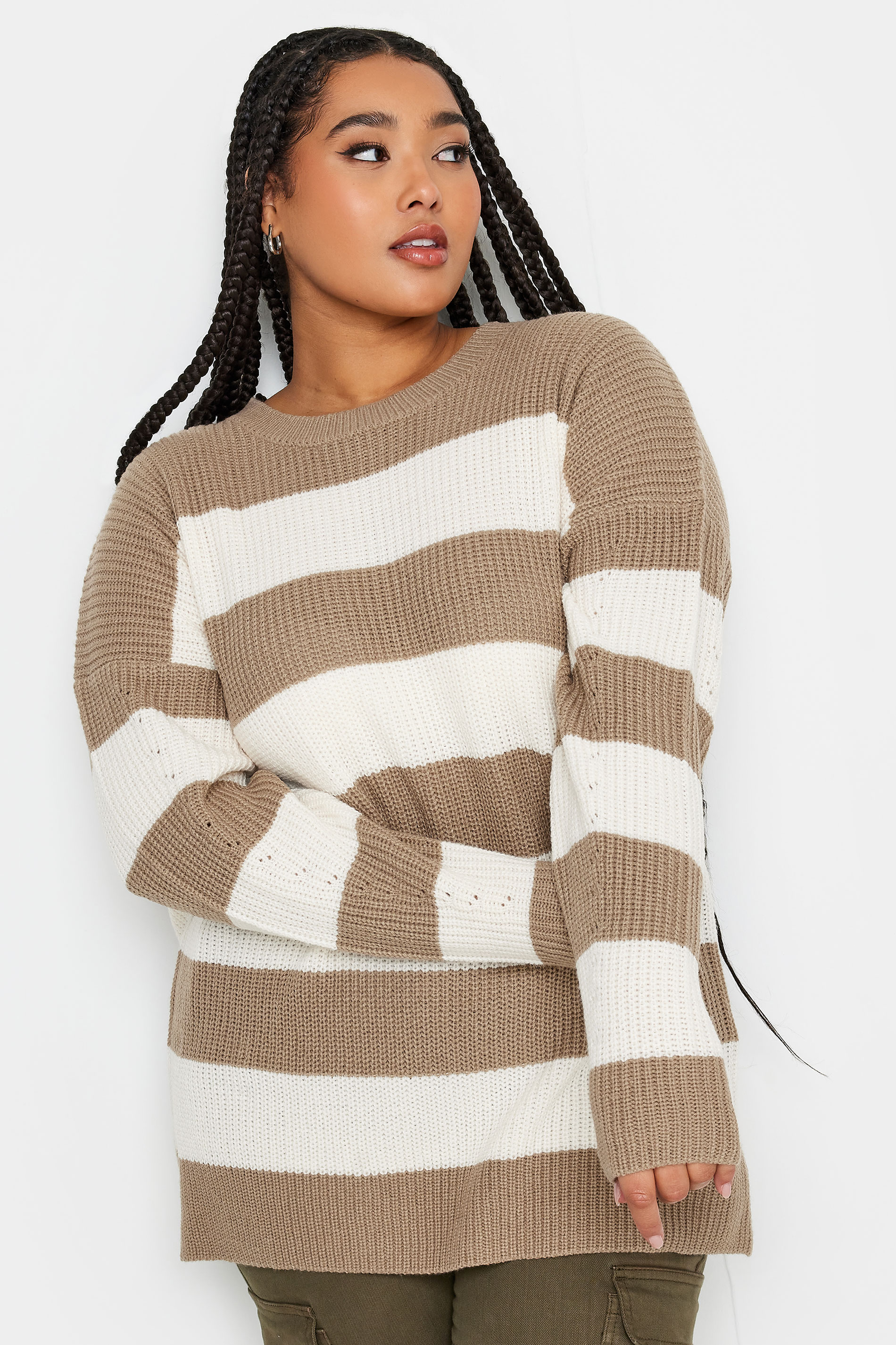 YOURS Plus Size Brown Stripe Ribbed Knit Jumper | Yours Clothing 2