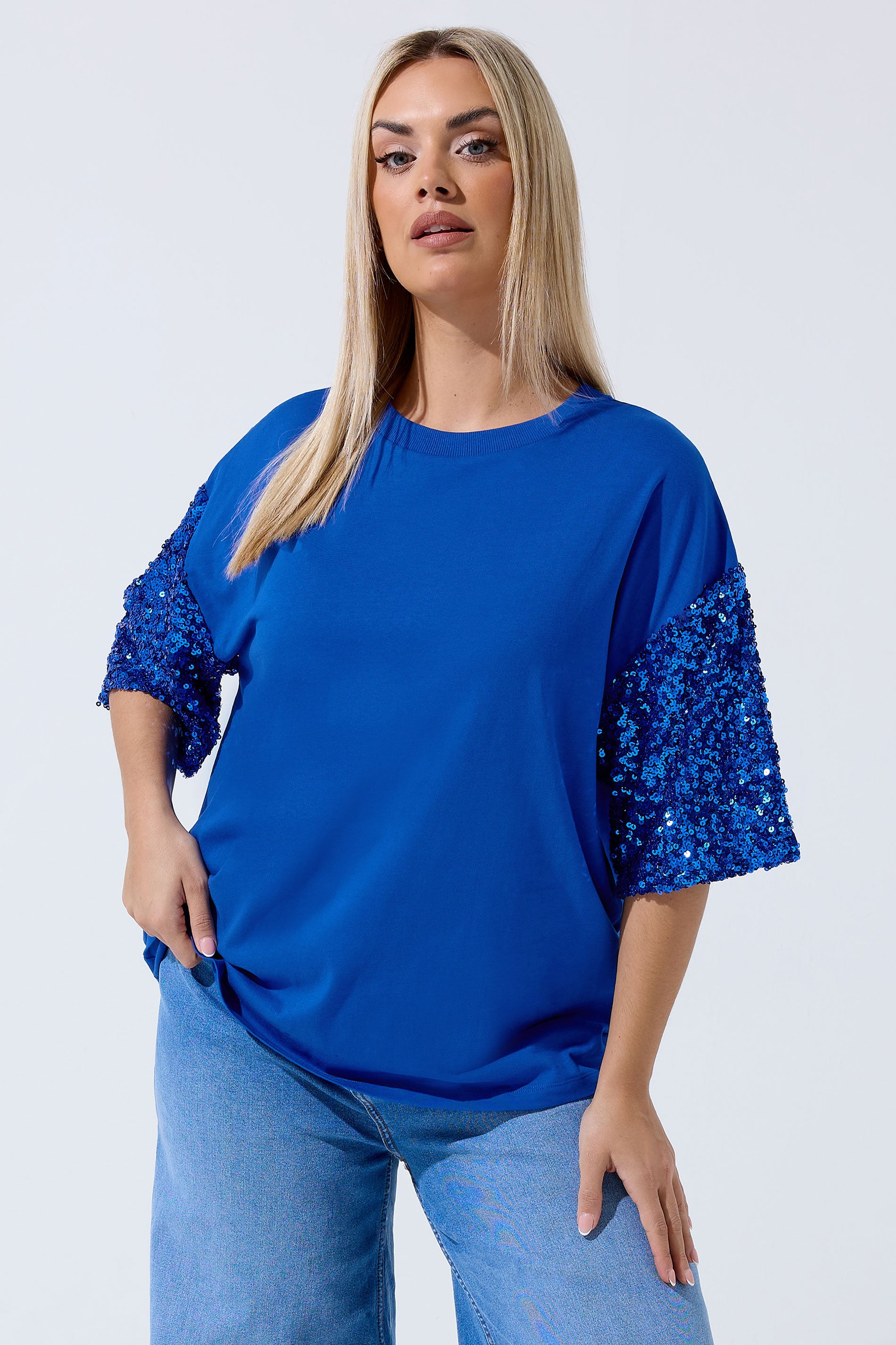LIMITED COLLECTION Plus Size Cobalt Blue Sequin Sleeve T-Shirt | Yours Clothing 3