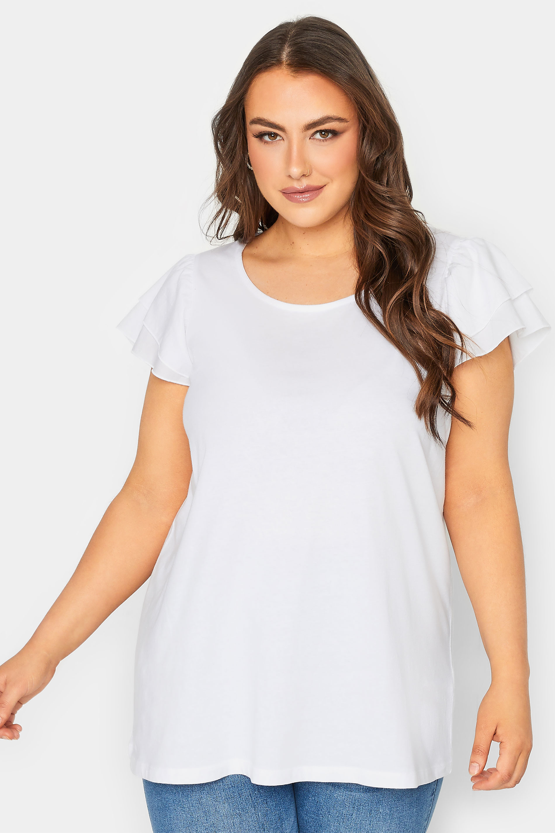 YOURS Plus Size White Frill Sleeve T-Shirt | Yours Clothing 1