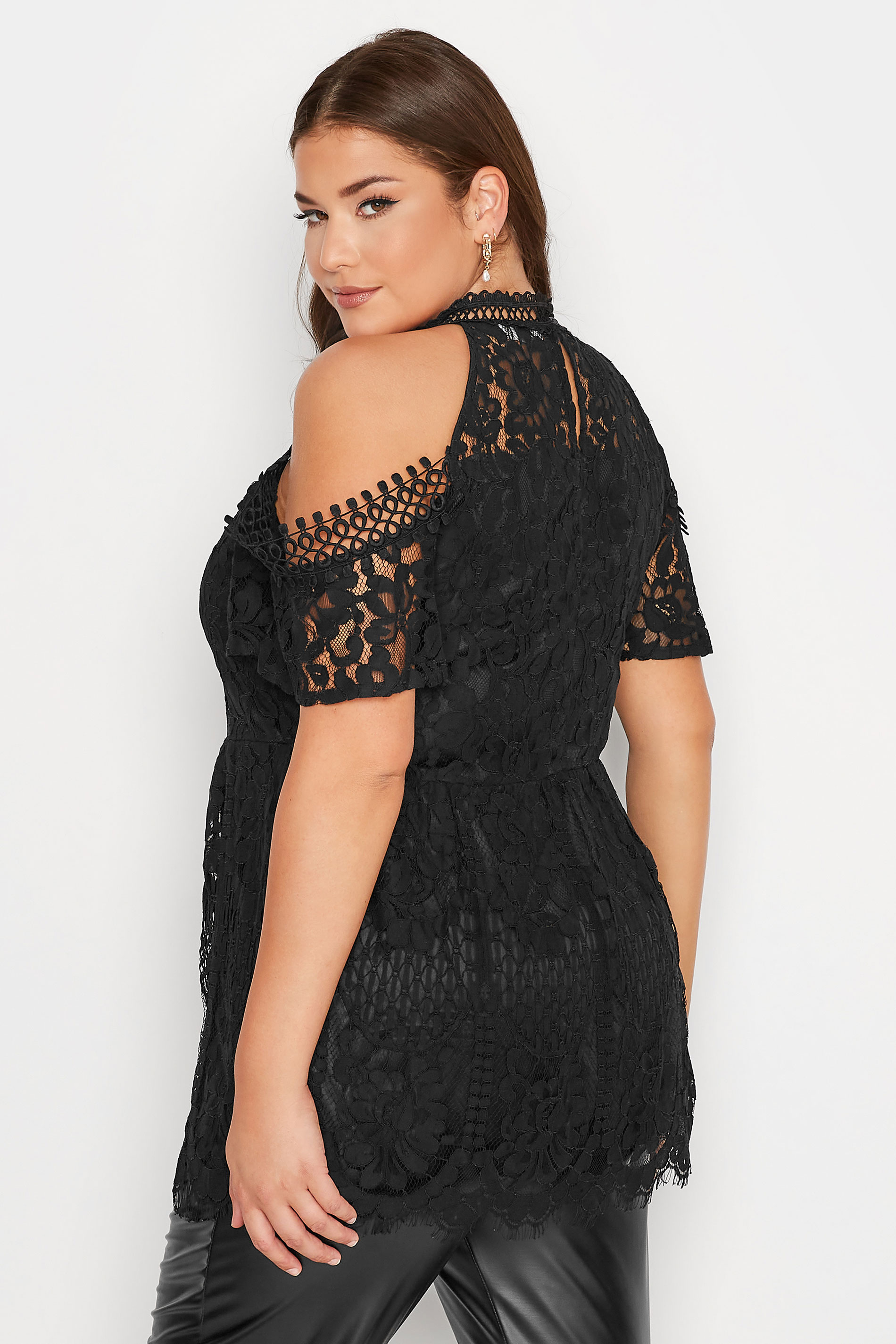 YOURS LONDON Plus Size Black Cold Shoulder Lace Peplum Top | Yours Clothing 3