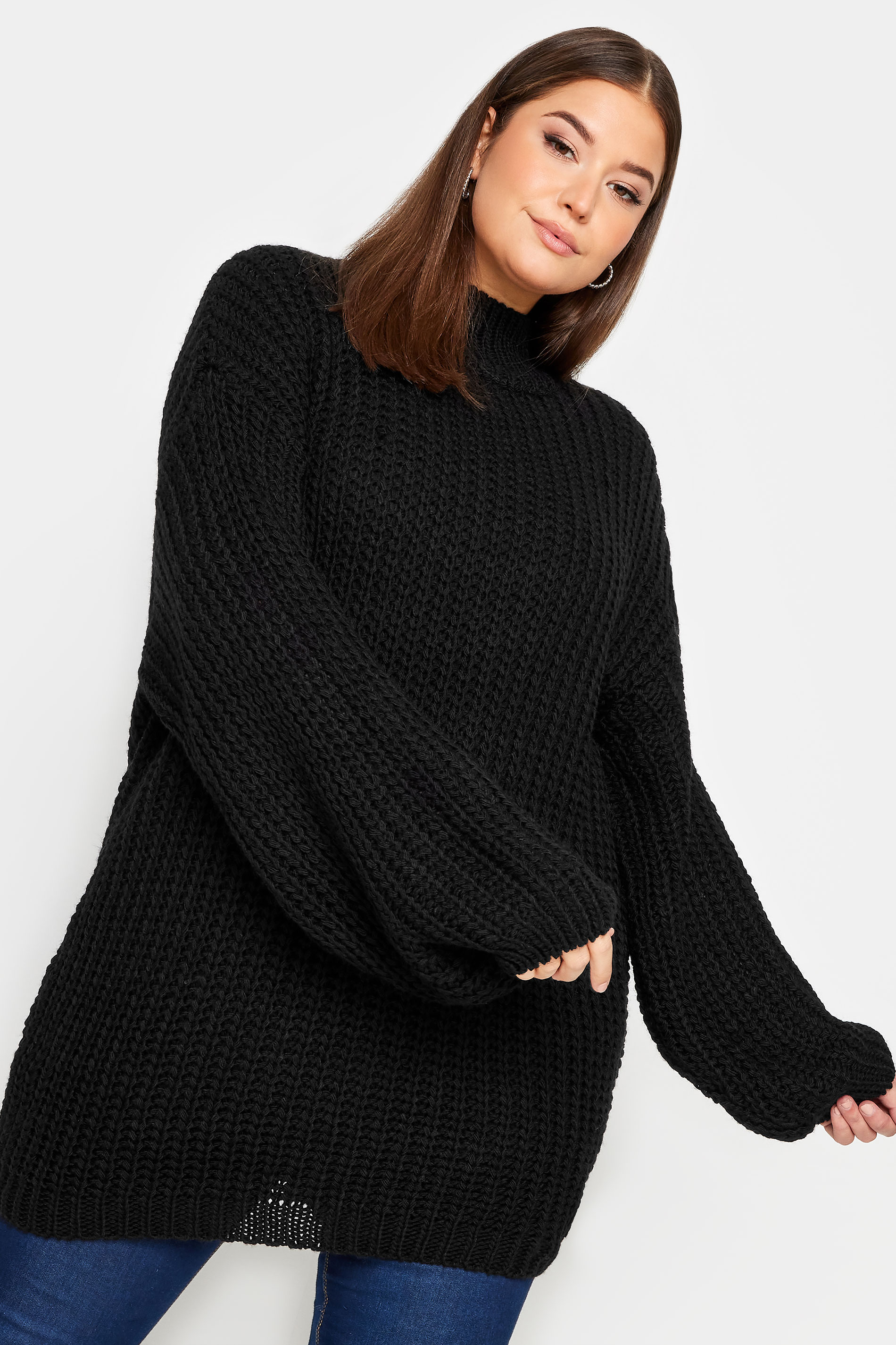 YOURS Plus Size Black Funnel Neck Oversized Knitted Jumper | Yours Clothing 1