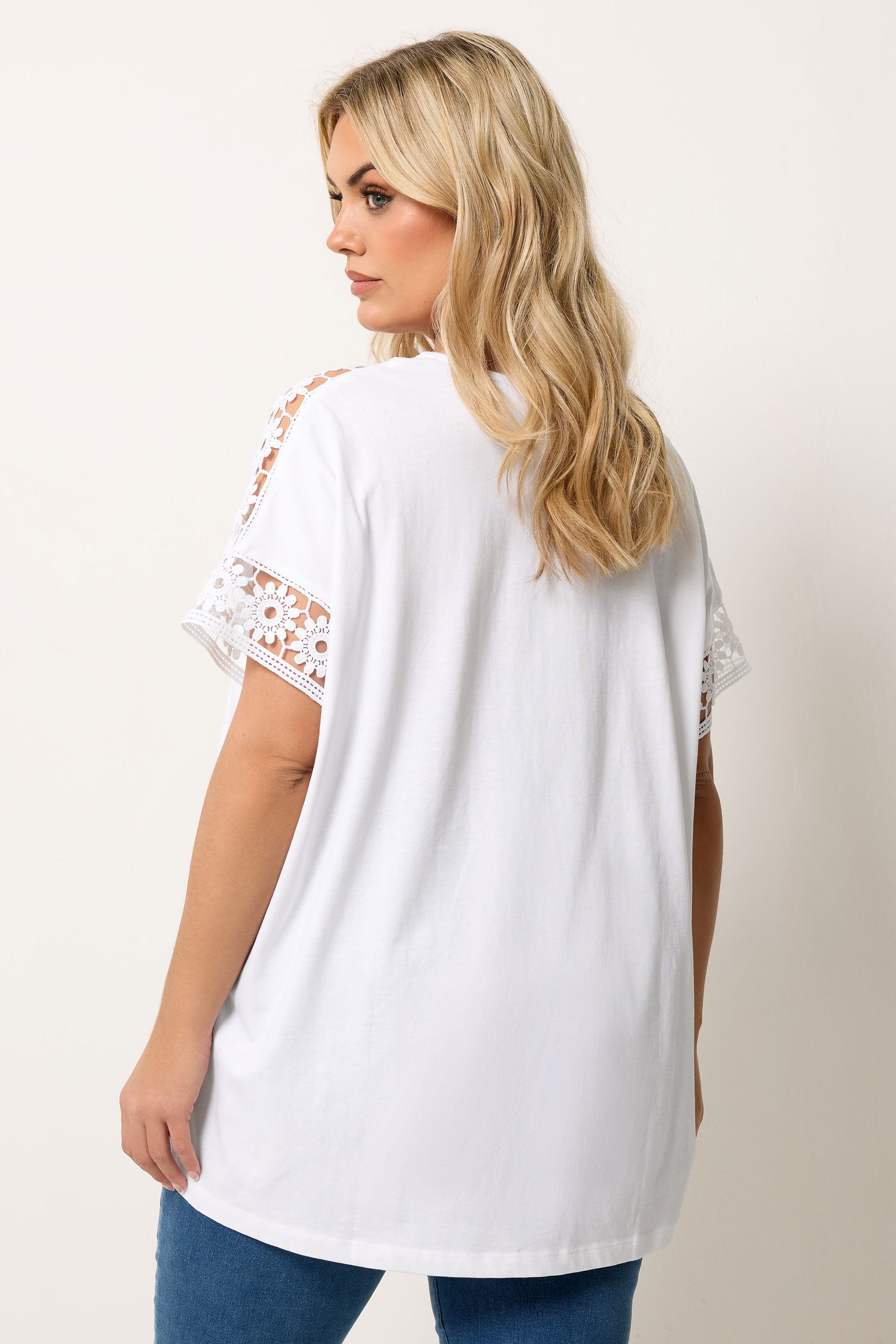 YOURS Curve White Crochet Sleeve Boxy T-Shirt | Yours Clothing 1