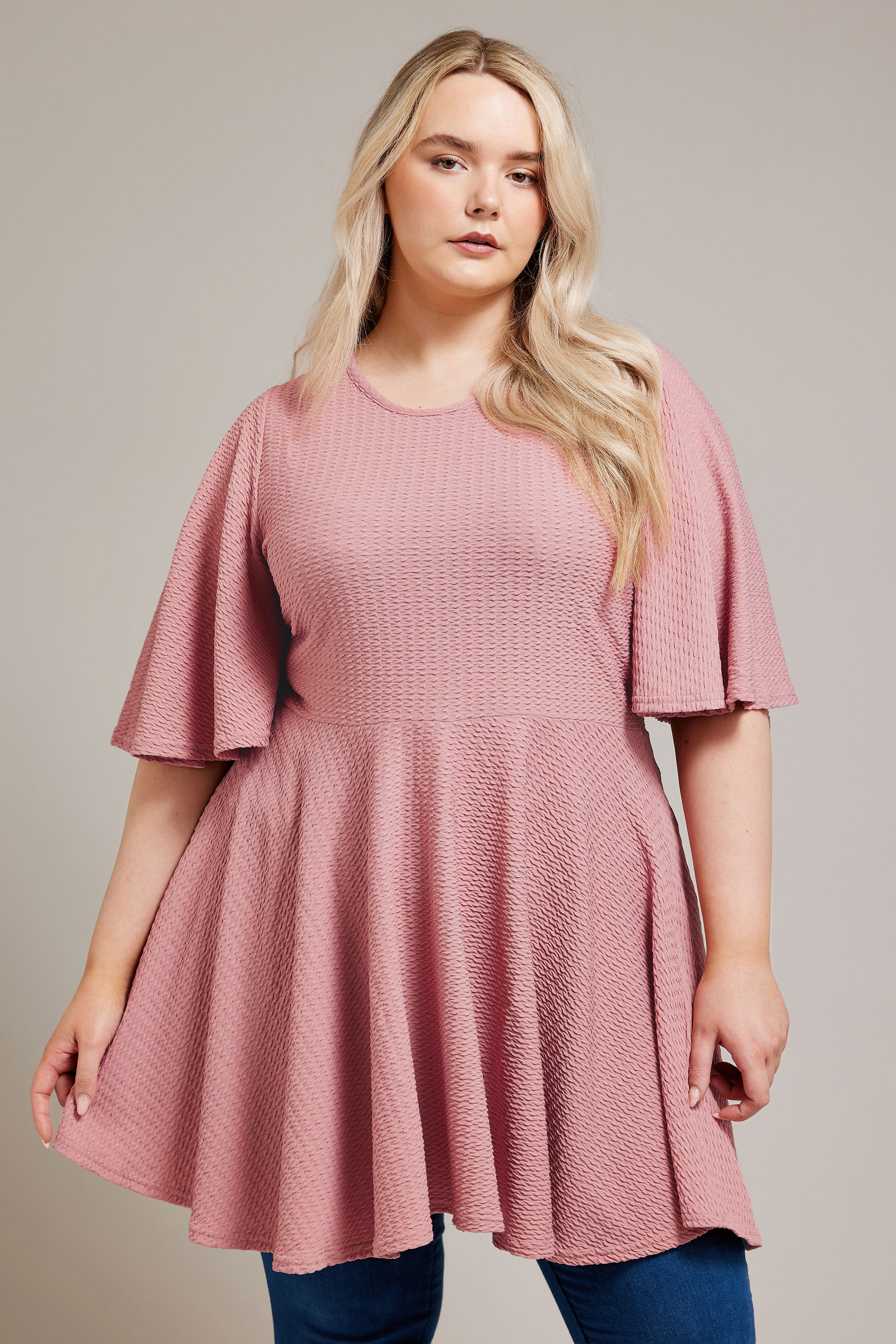 YOURS LONDON Plus Size Pink Angel Sleeve Jacquard Top | Yours Clothing 1
