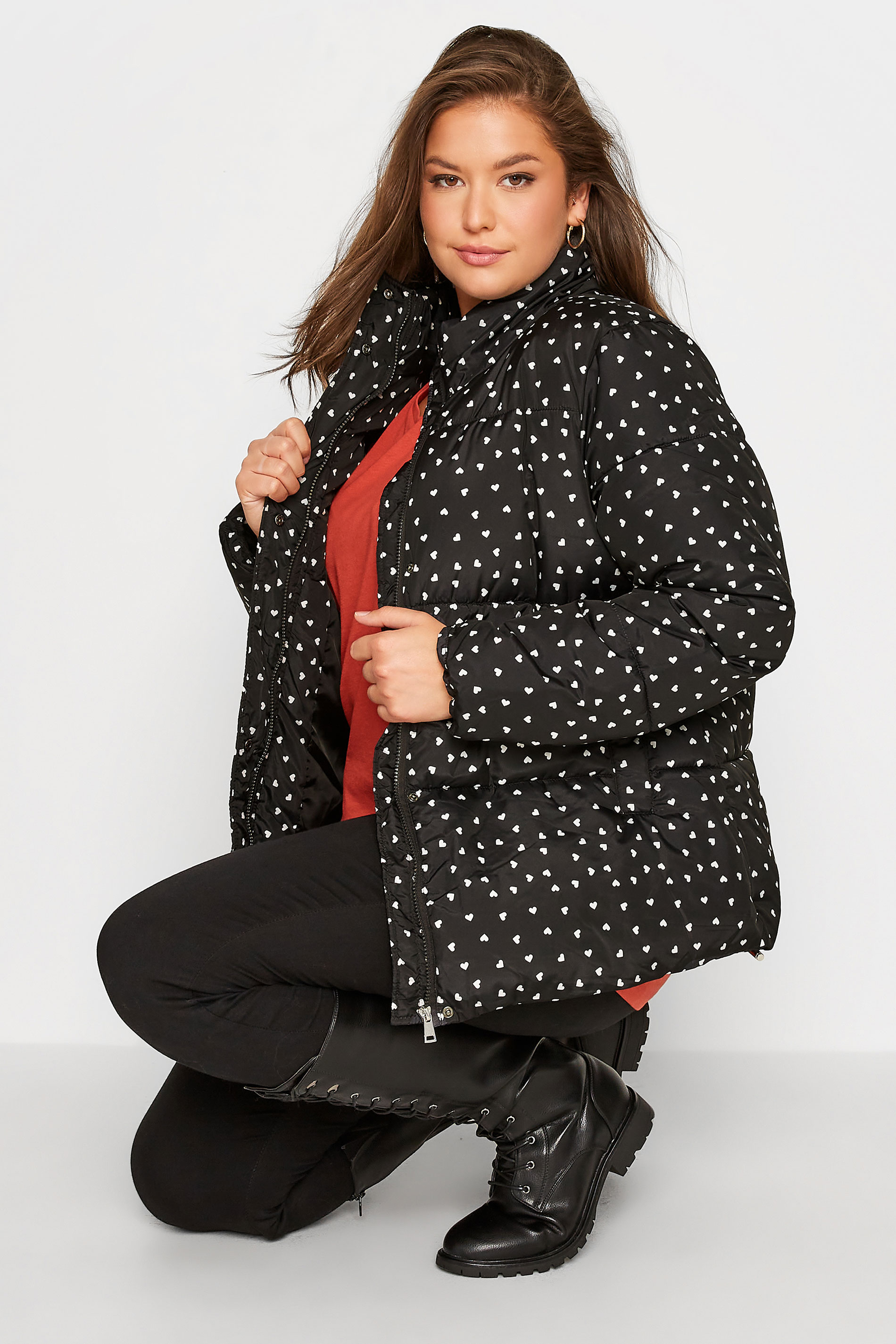 Plus Size Black Heart Print Puffer Coat | Yours Clothing 1