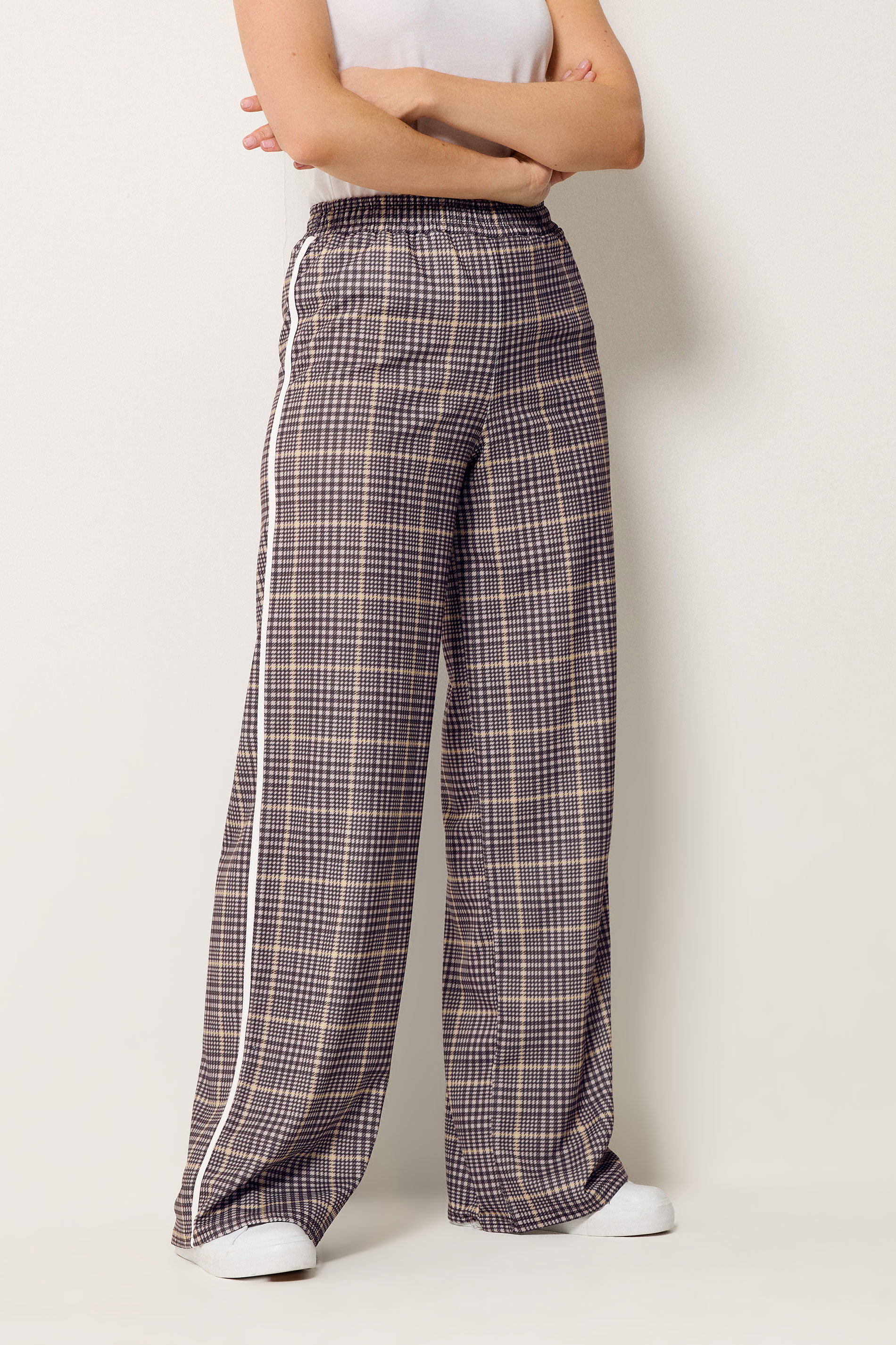 LTS Tall Women's Brown Check Piped Wide Leg Trousers | Long Tall Sally 1