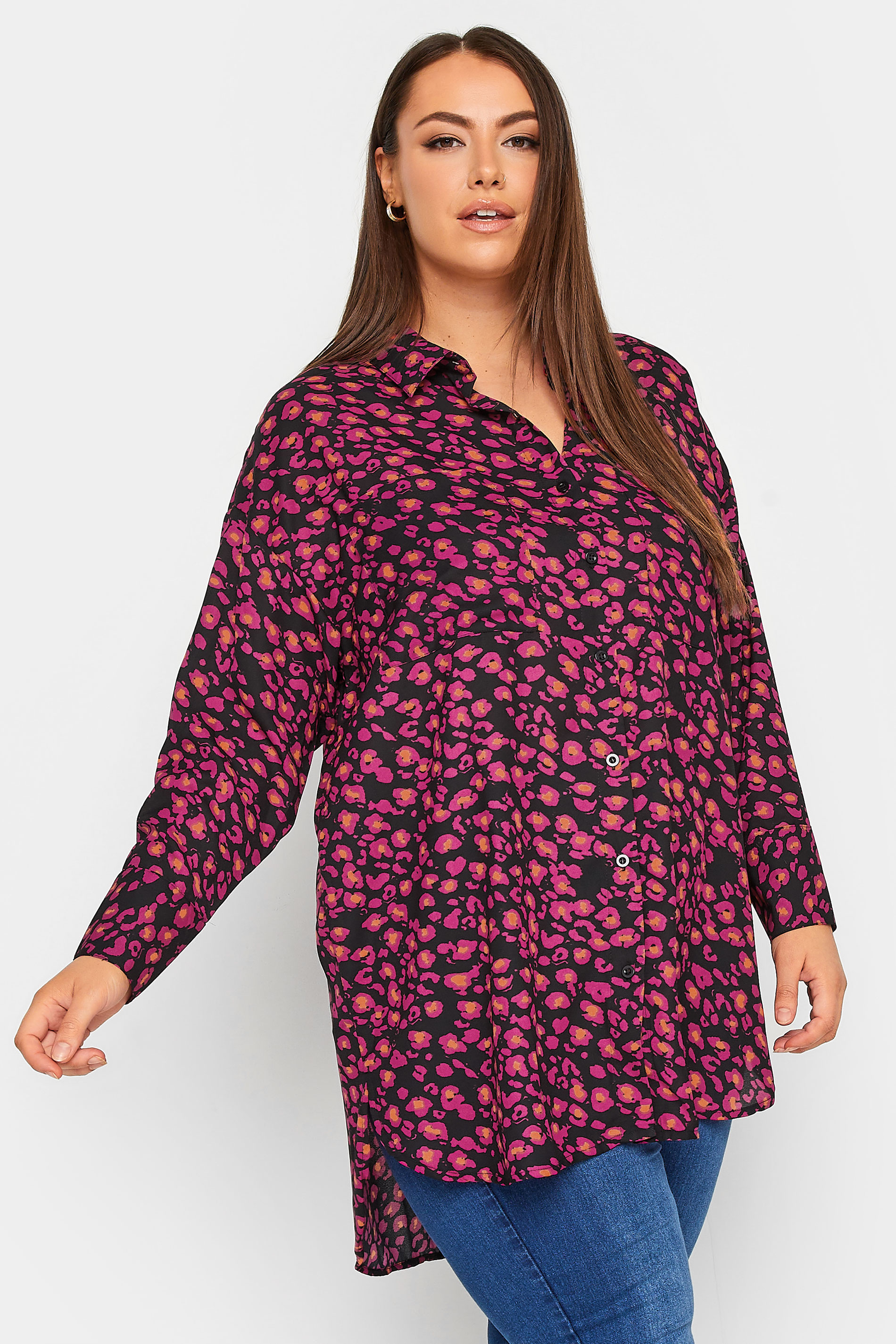 Plus Size Black & Pink Animal Print Oversized Boyfriend Shirt | Yours Clothing 1