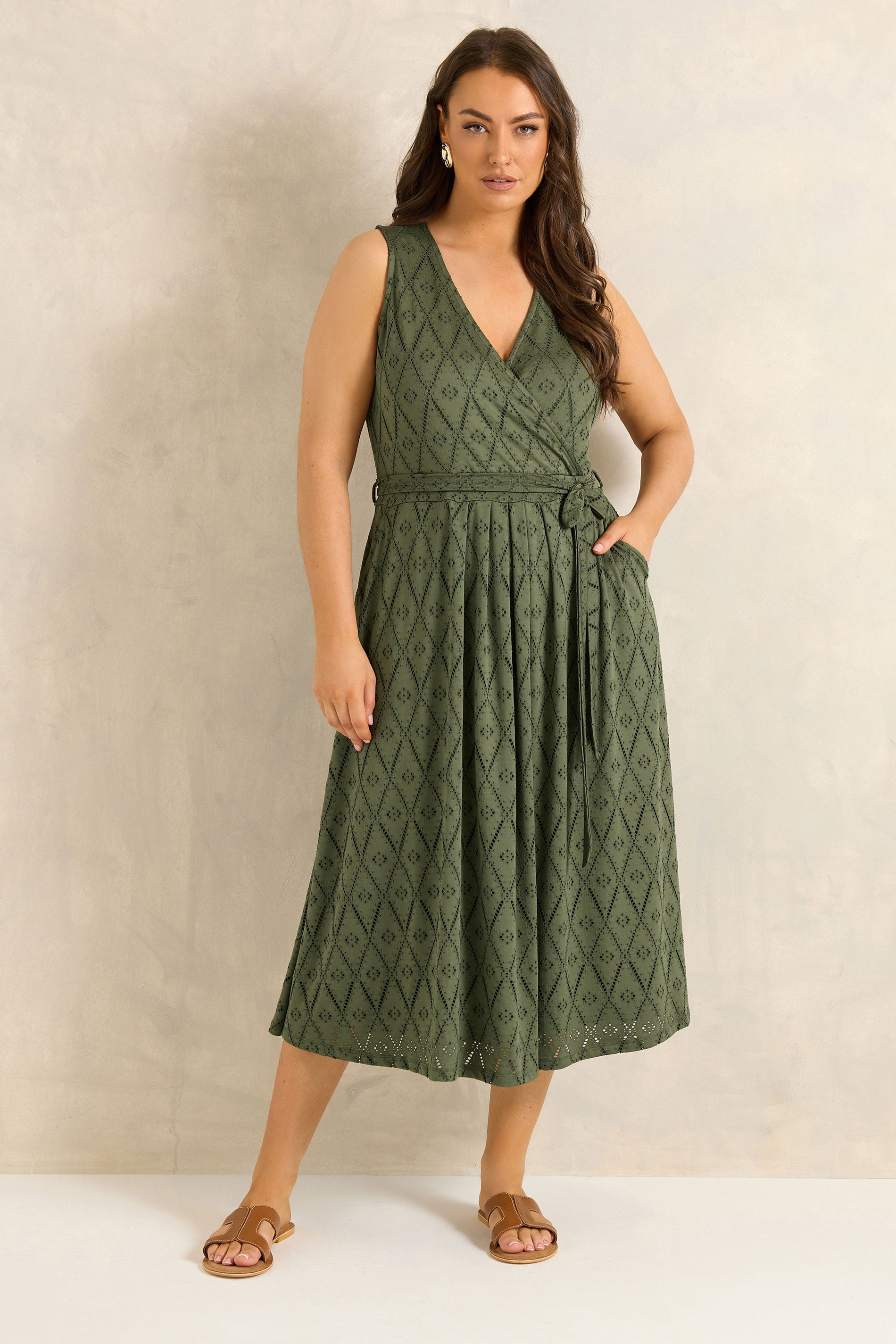 EVANS Plus Size Khaki Green Broderie Wrap Midi Dress | Evans 1