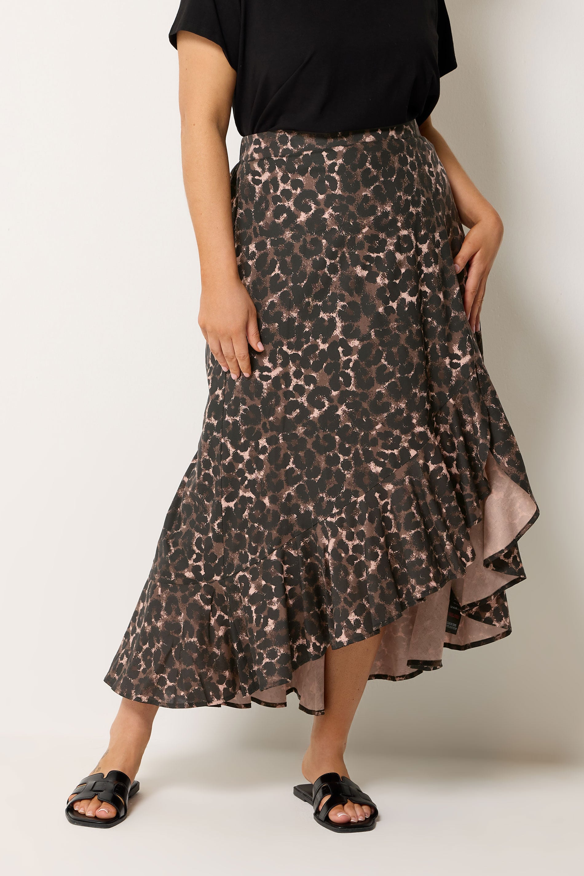YOURS Plus Size Chocolate Brown Leopard Print Ruffle Skirt | Yours Clothing 2