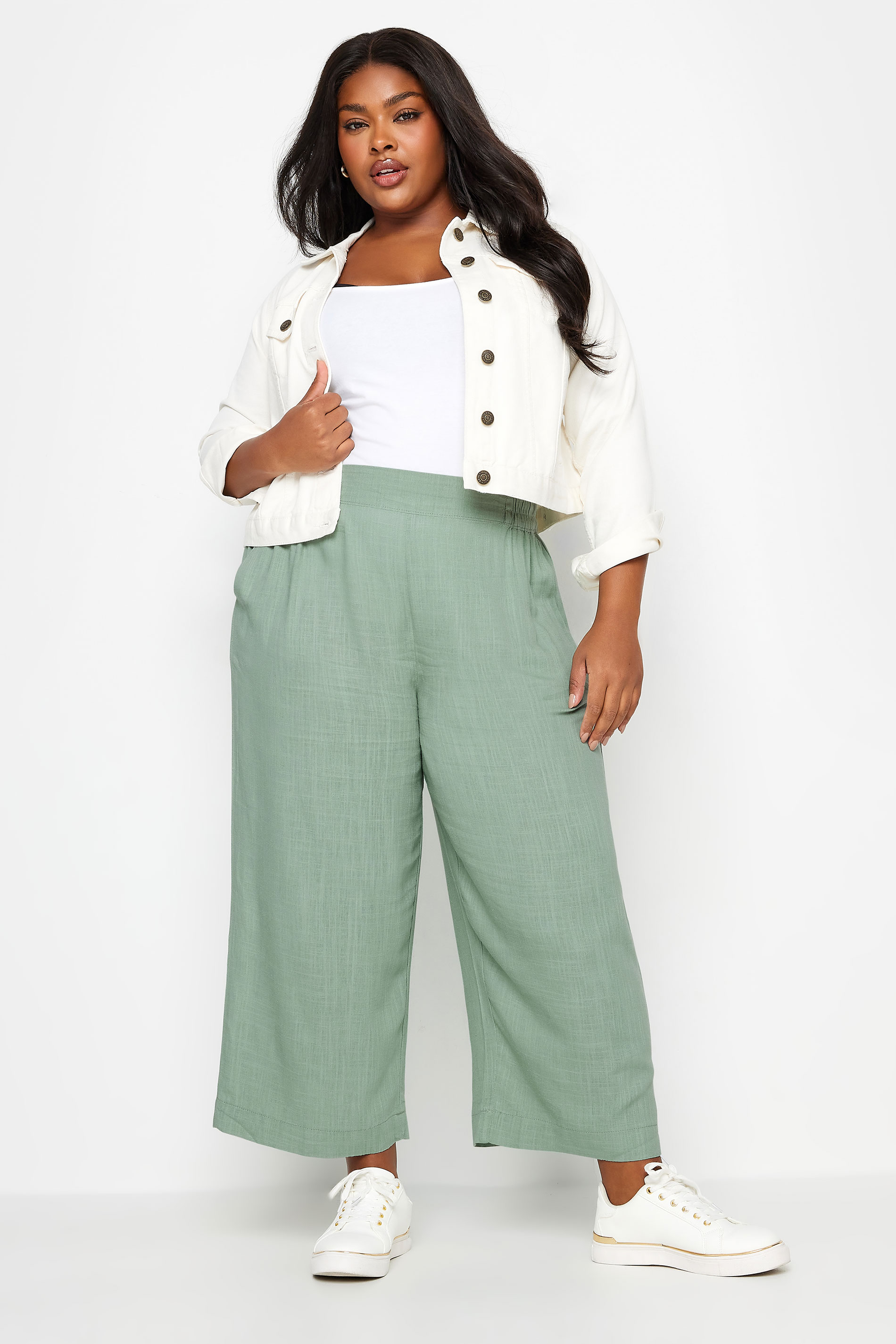 YOURS Plus Size Sage Green Wide Leg Cropped Linen Trousers | Yours Clothing 2