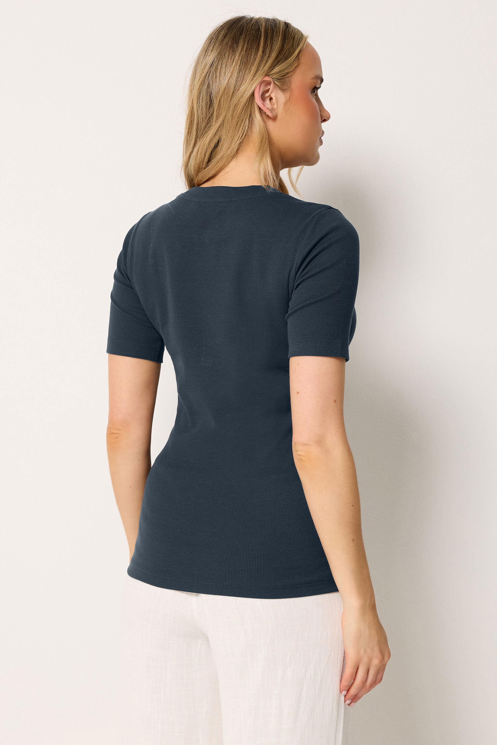 LTS Tall Women's Navy Blue Ribbed Button T-Shirt | Long Tall Sally 2
