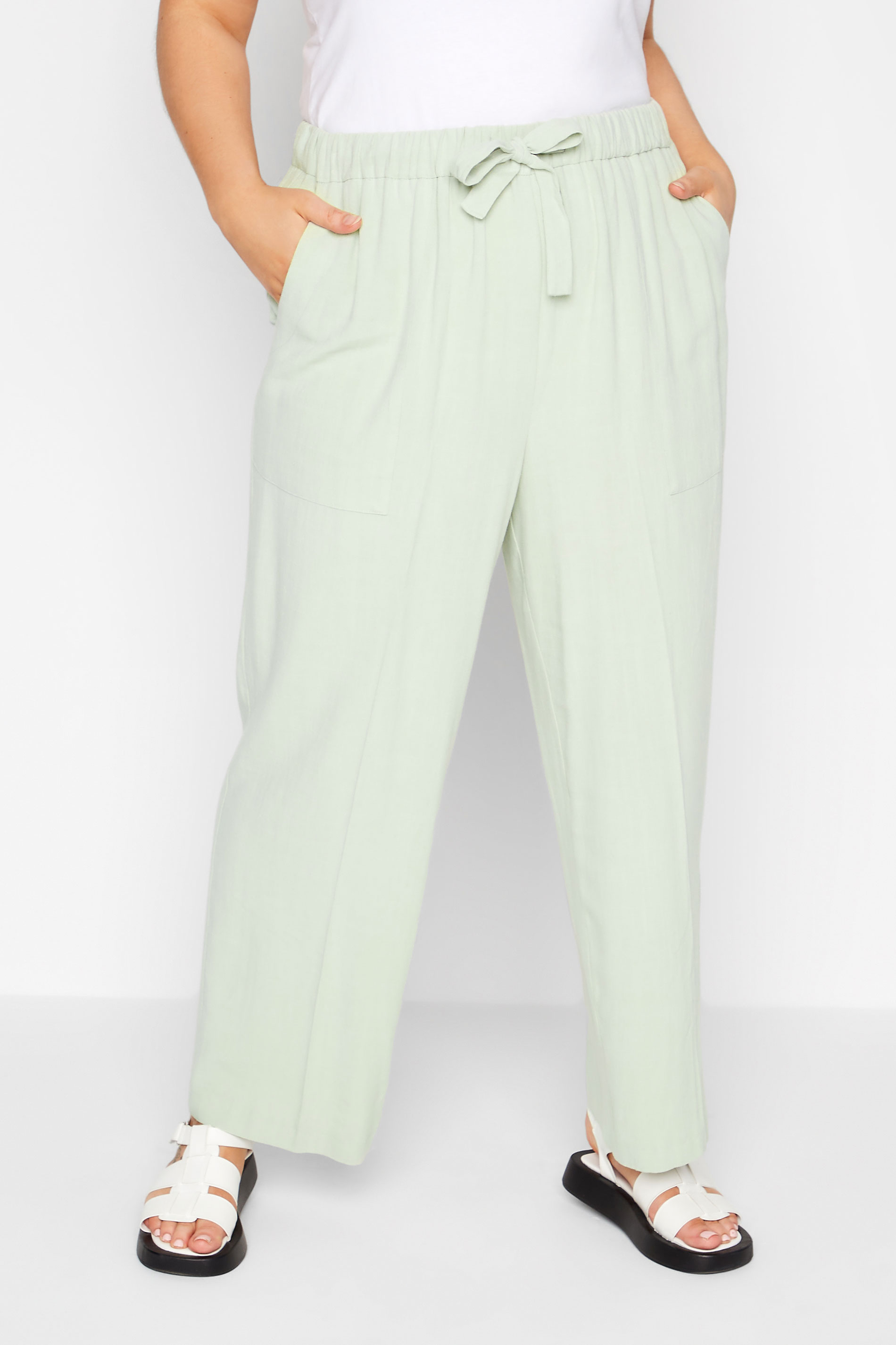 Plus Size Light Green Linen Wide Leg Trousers | Yours Clothing 1