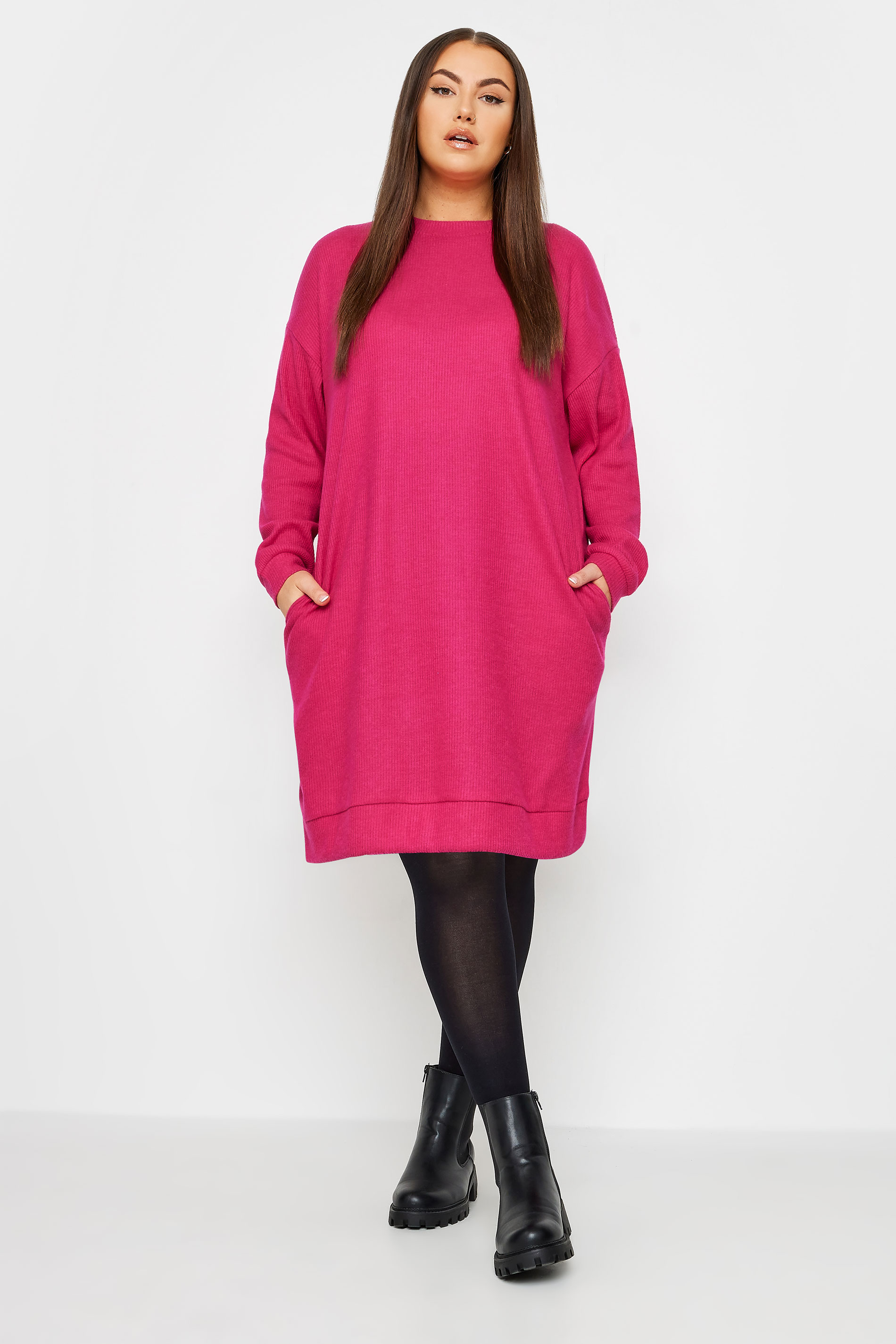 YOURS Plus Size Pink Ribbed Soft Touch Jumper Dress | Yours Clothing 2