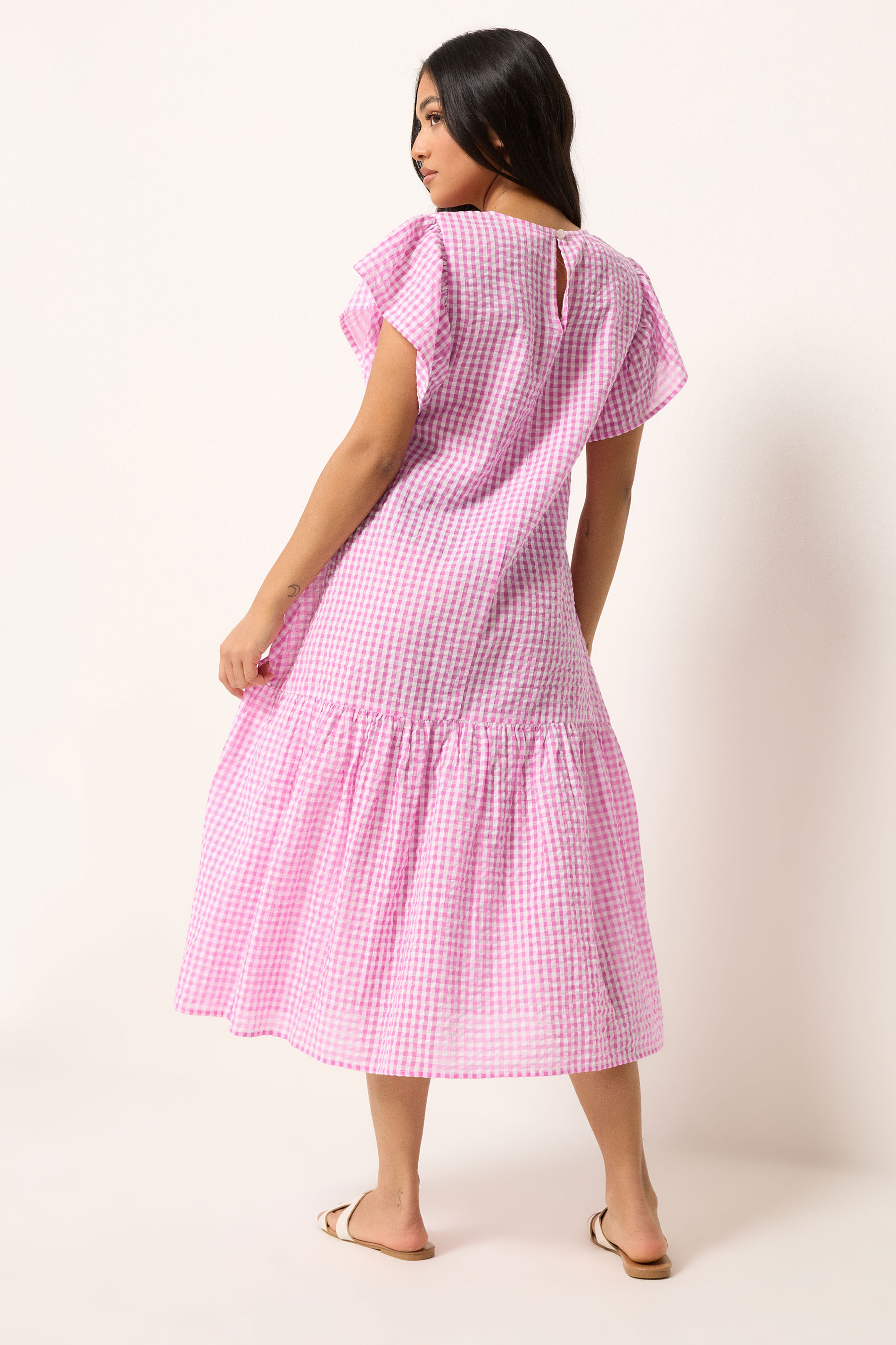 PixieGirl Petite Women's Pink Gingham Drop Waist Midi Dress | PixieGirl 4