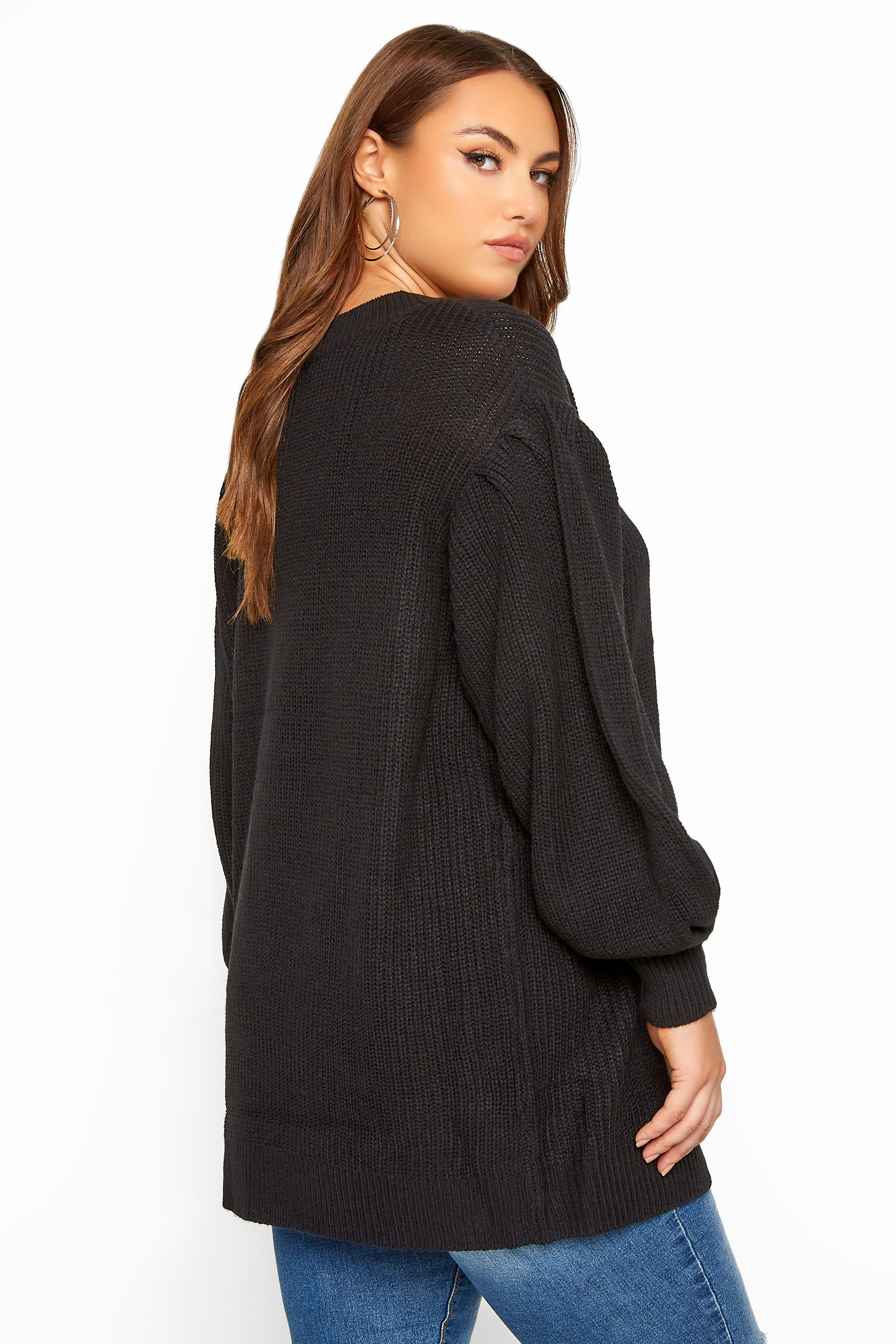 Black Balloon Sleeve Knitted Jumper | Yours Clothing