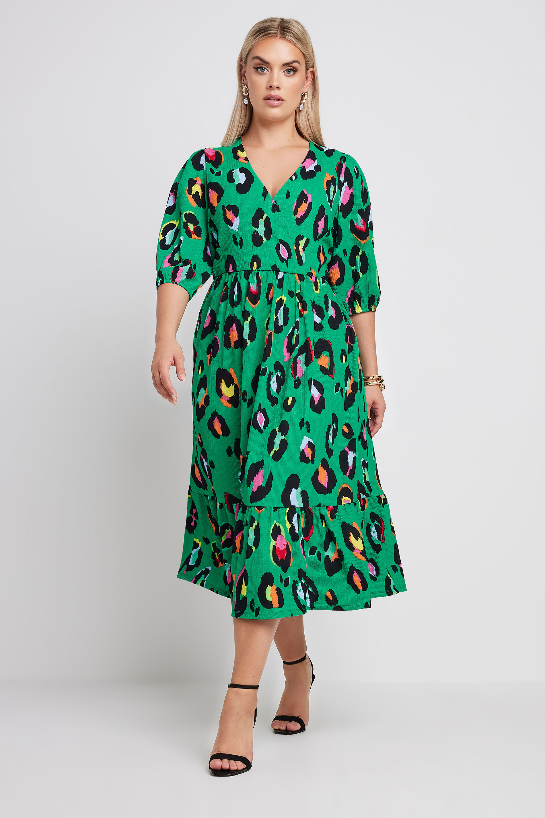 LIMITED COLLECTION Plus Size Green Leopard Print Textured Wrap Dress | Yours Clothing 2